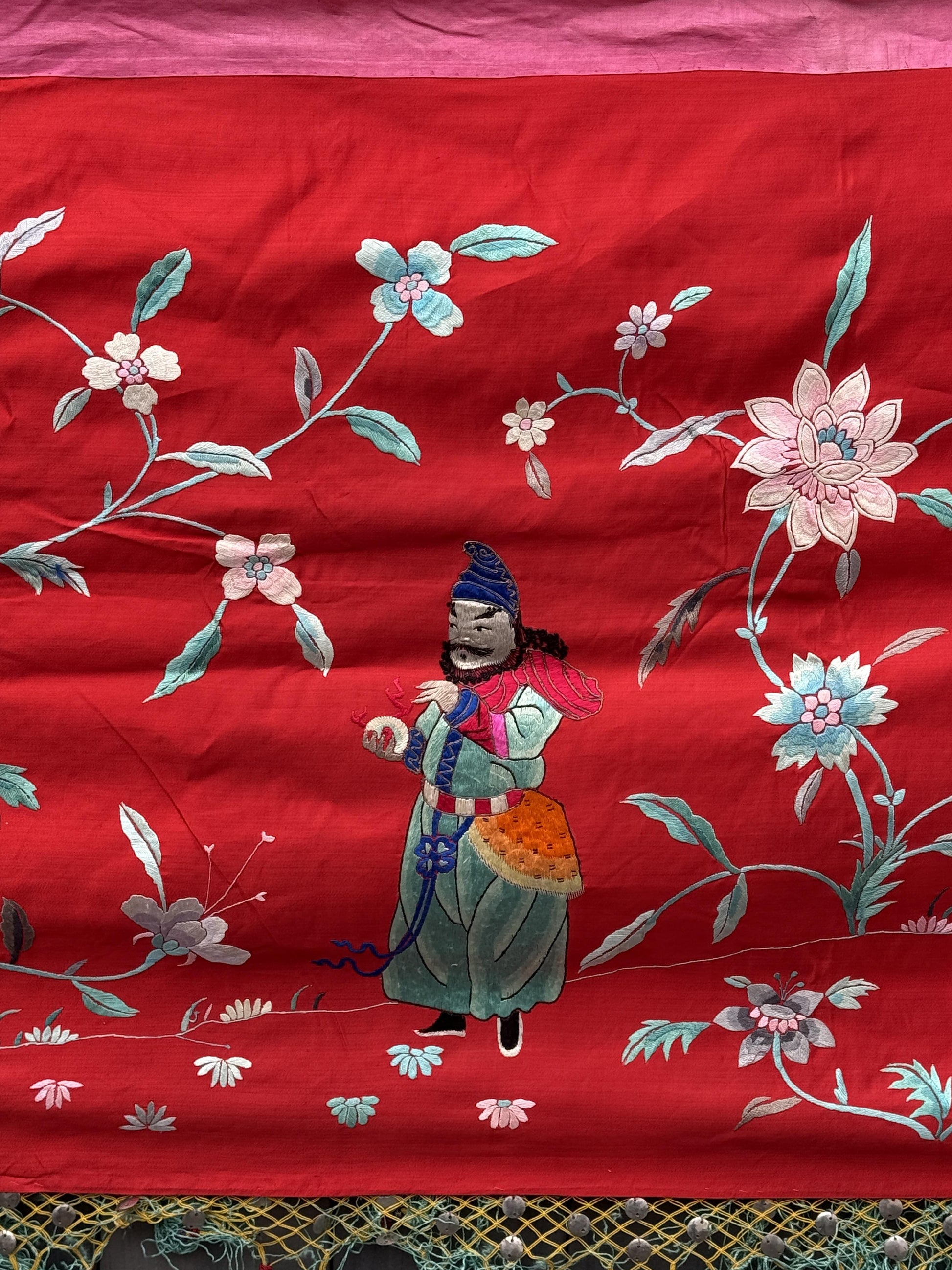 Large Late Qing Dynasty Silk Embroidery on Red Satin Textile