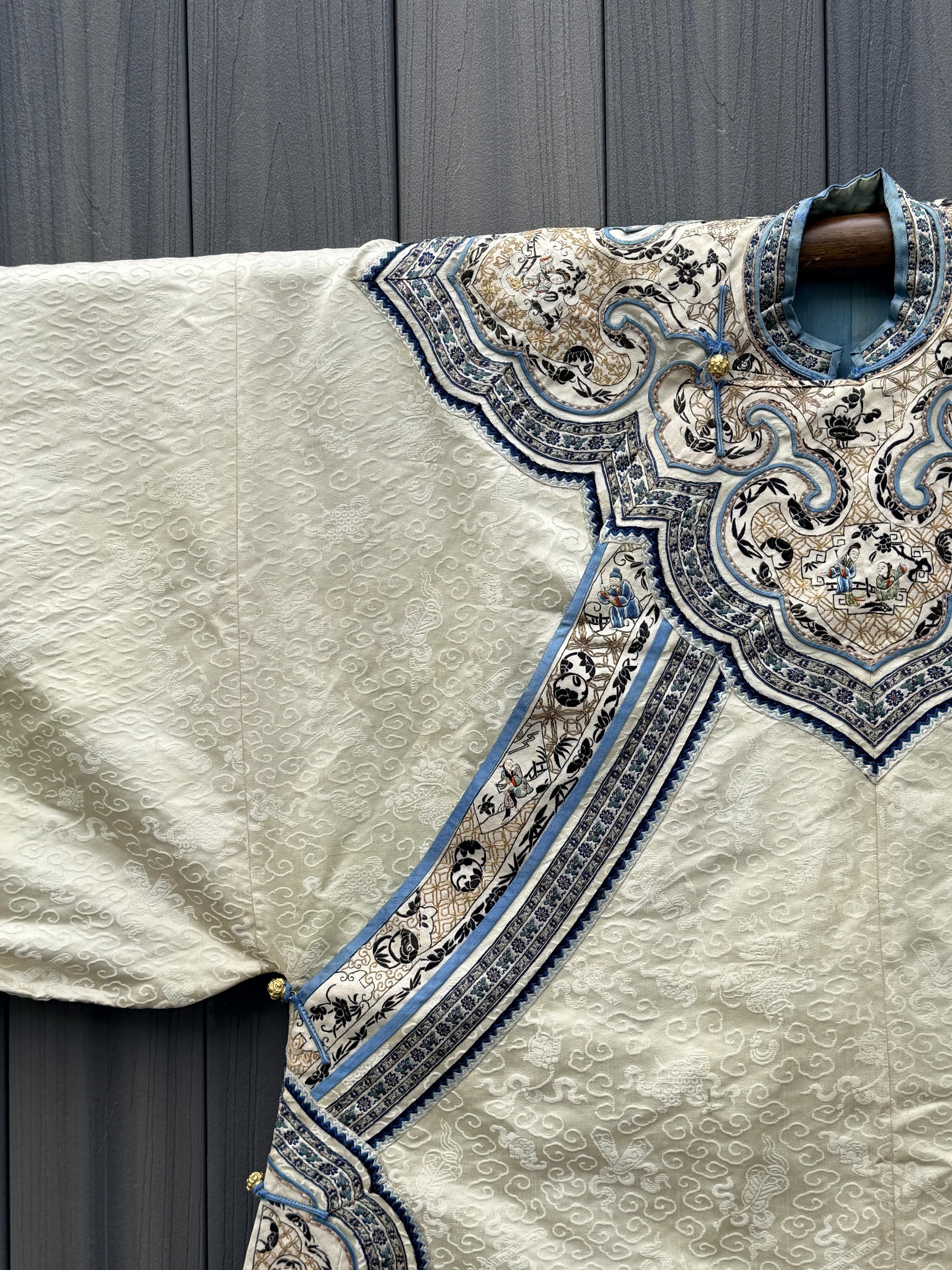 Late Qing Dynasty Silk Damask Robe with Figural & Floral Embroidery