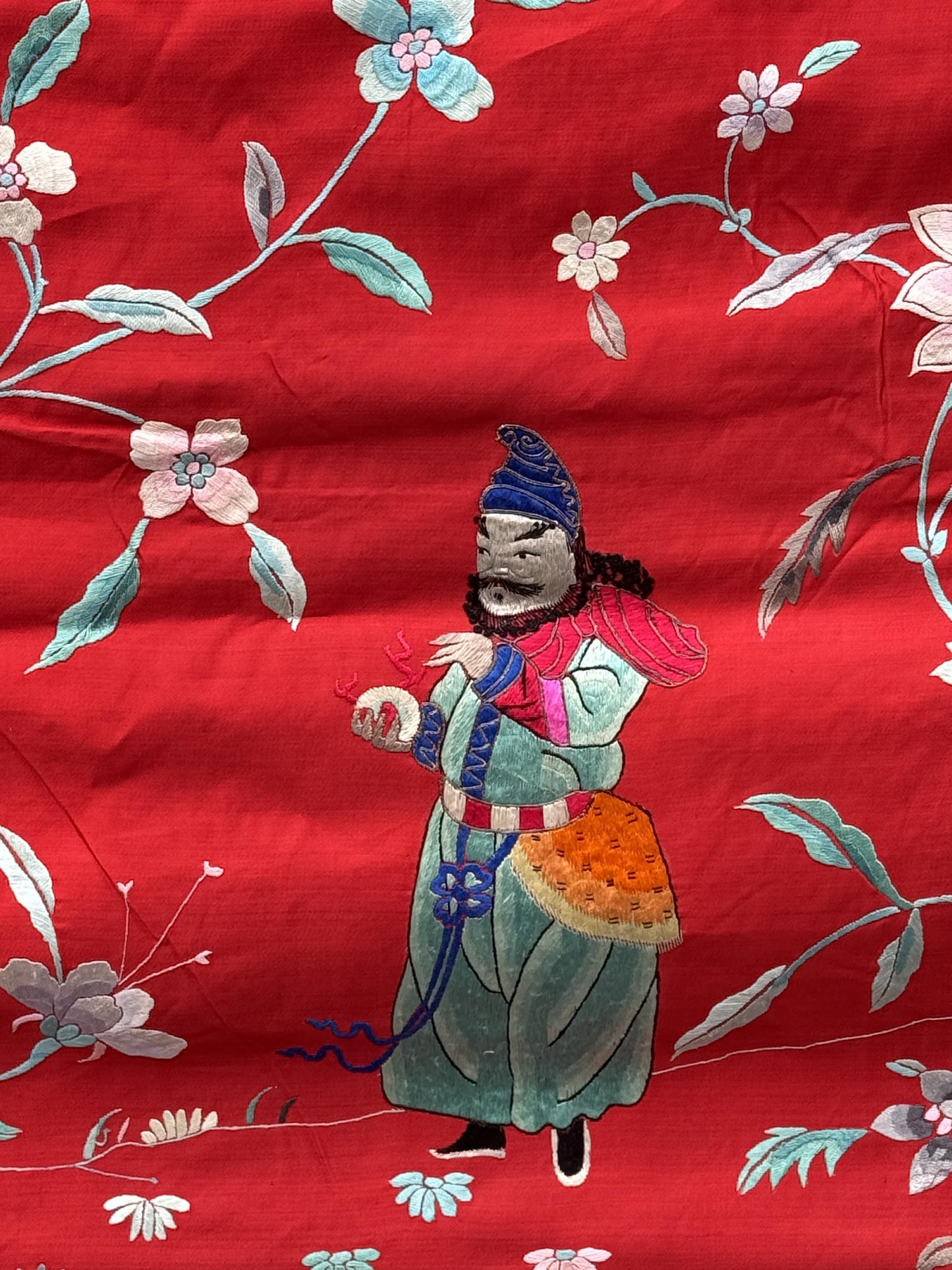 Large Late Qing Dynasty Silk Embroidery on Red Satin Textile