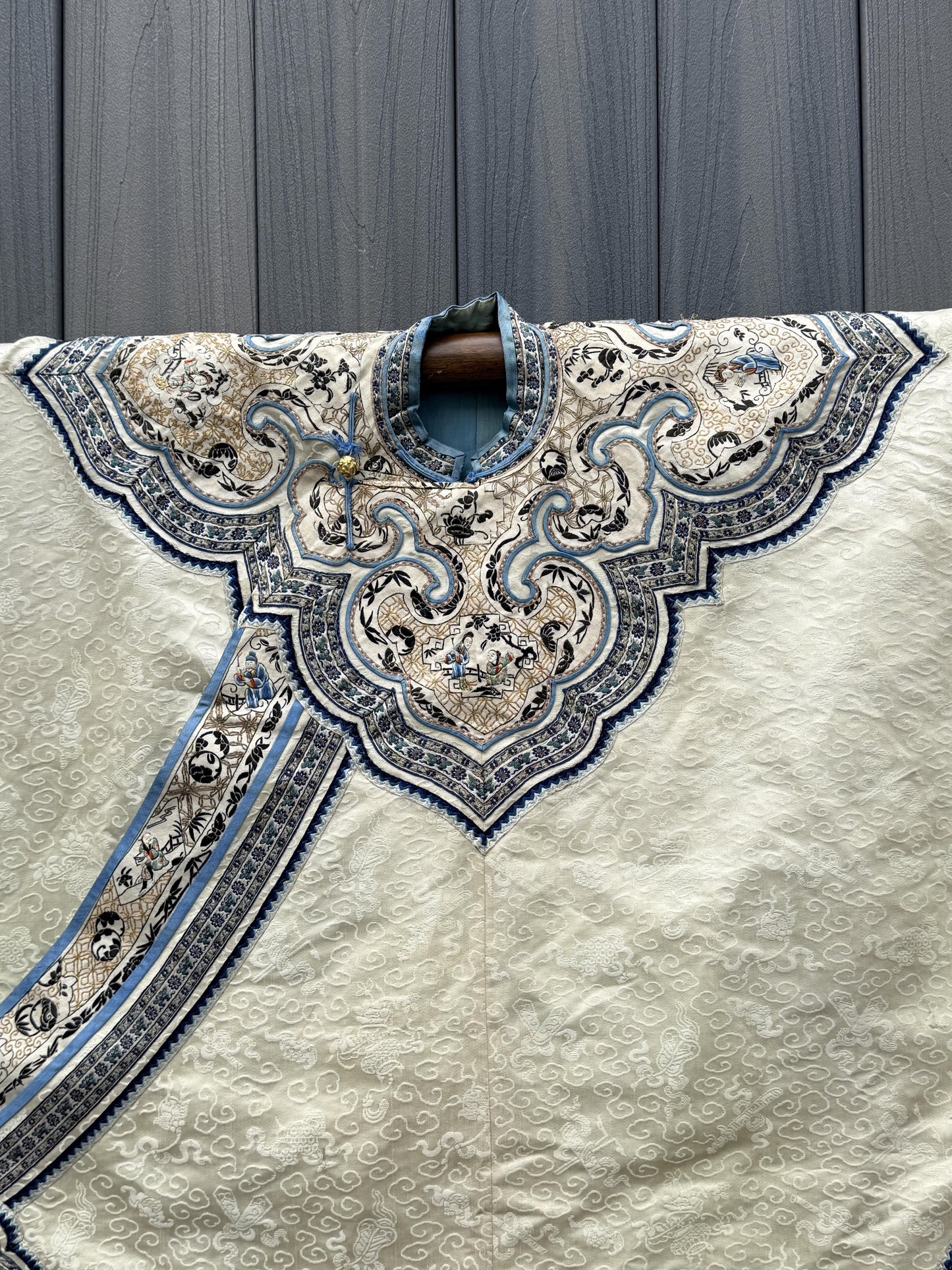 Late Qing Dynasty Silk Damask Robe with Figural & Floral Embroidery