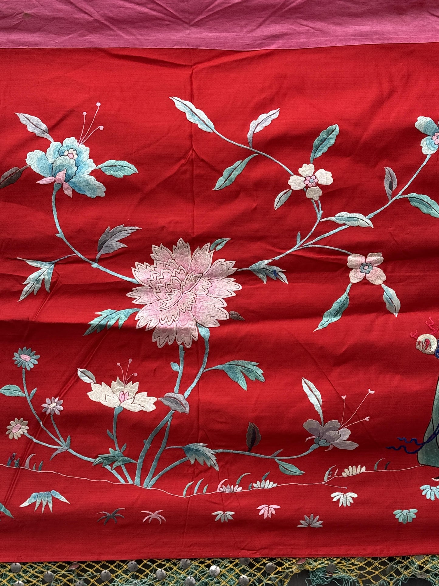 Large Late Qing Dynasty Silk Embroidery on Red Satin Textile