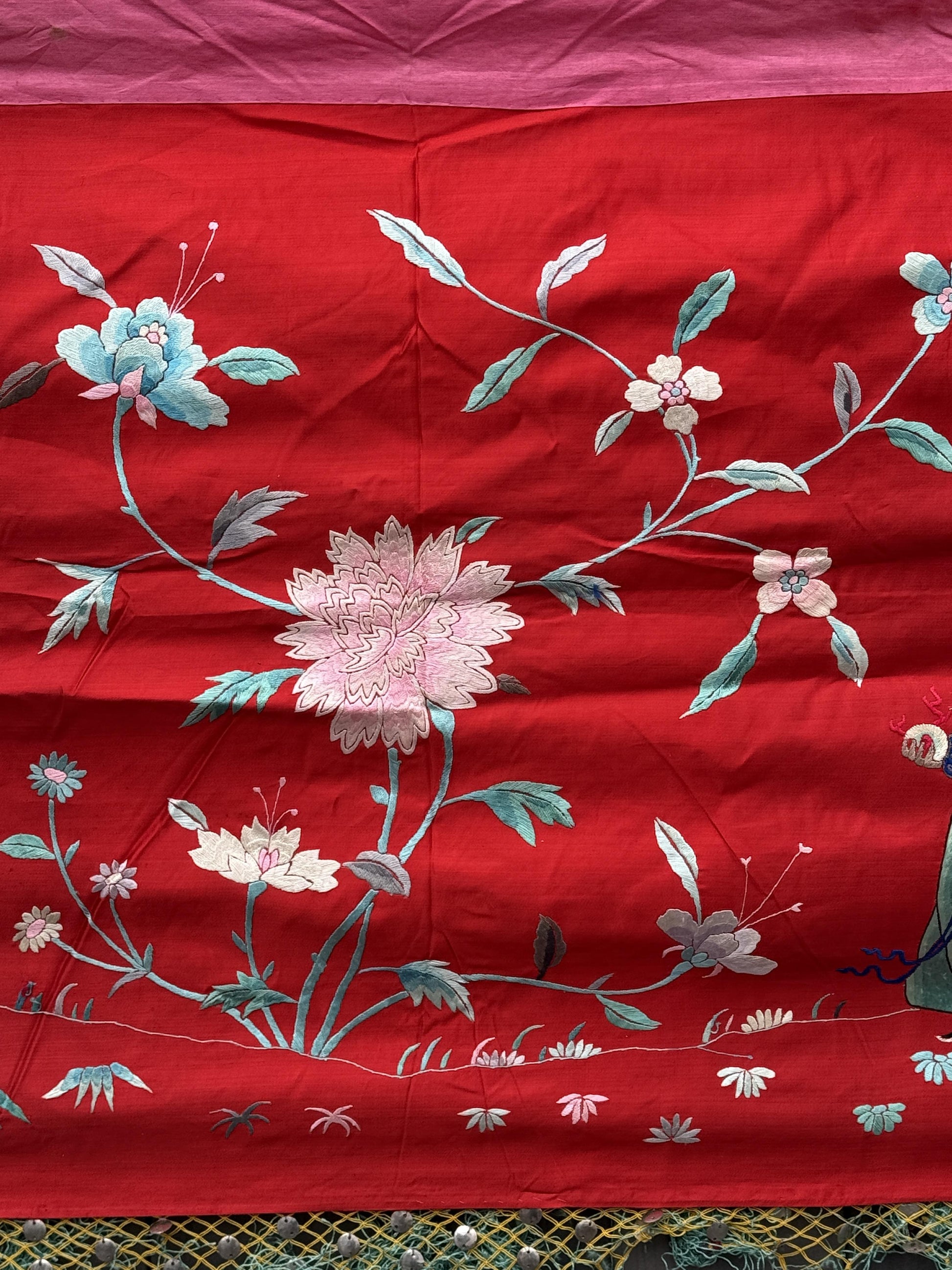 Large Late Qing Dynasty Silk Embroidery on Red Satin Textile