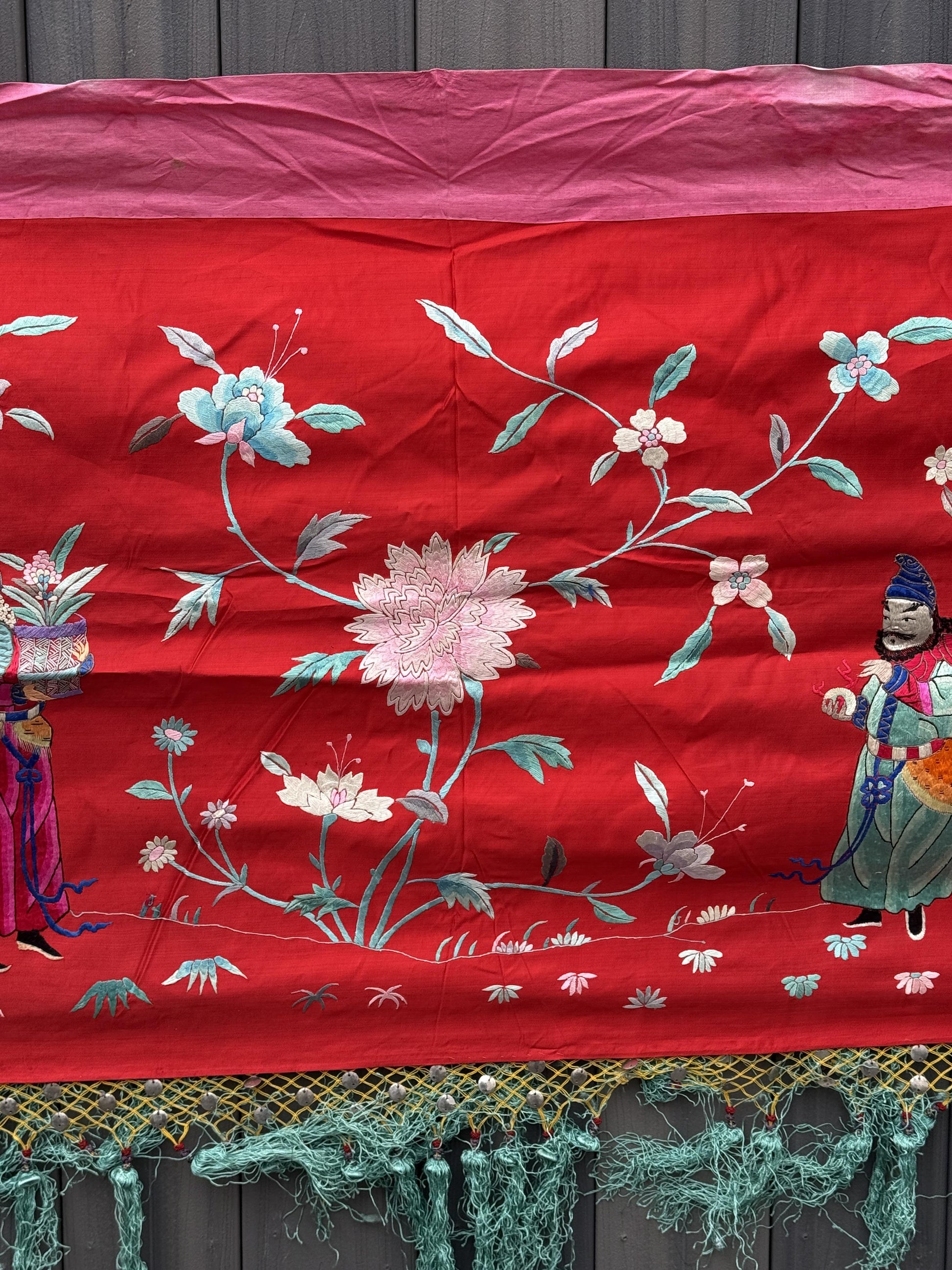 Large Late Qing Dynasty Silk Embroidery on Red Satin Textile