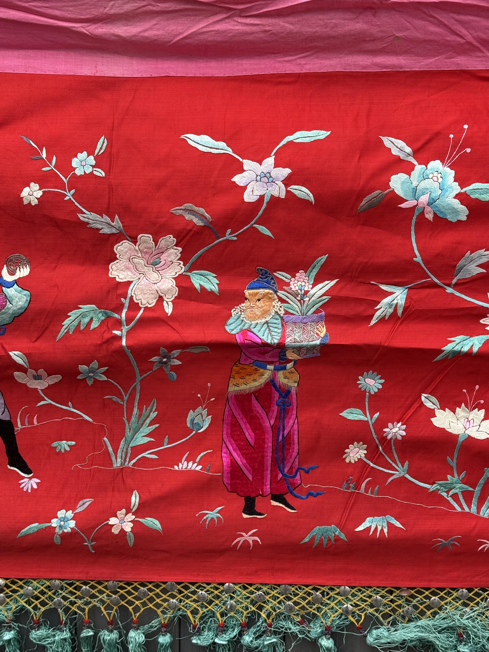 Large Late Qing Dynasty Silk Embroidery on Red Satin Textile
