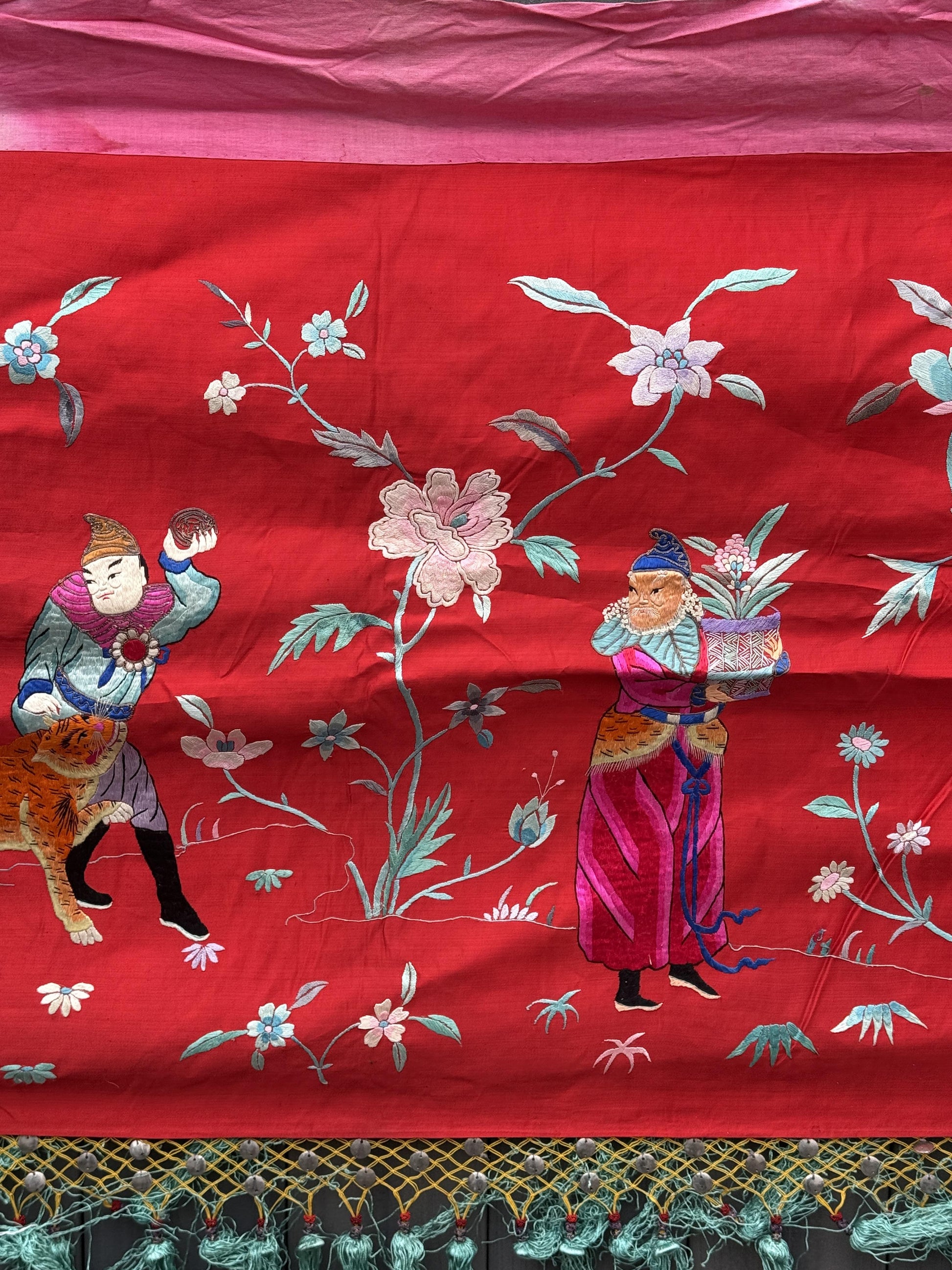 Large Late Qing Dynasty Silk Embroidery on Red Satin Textile