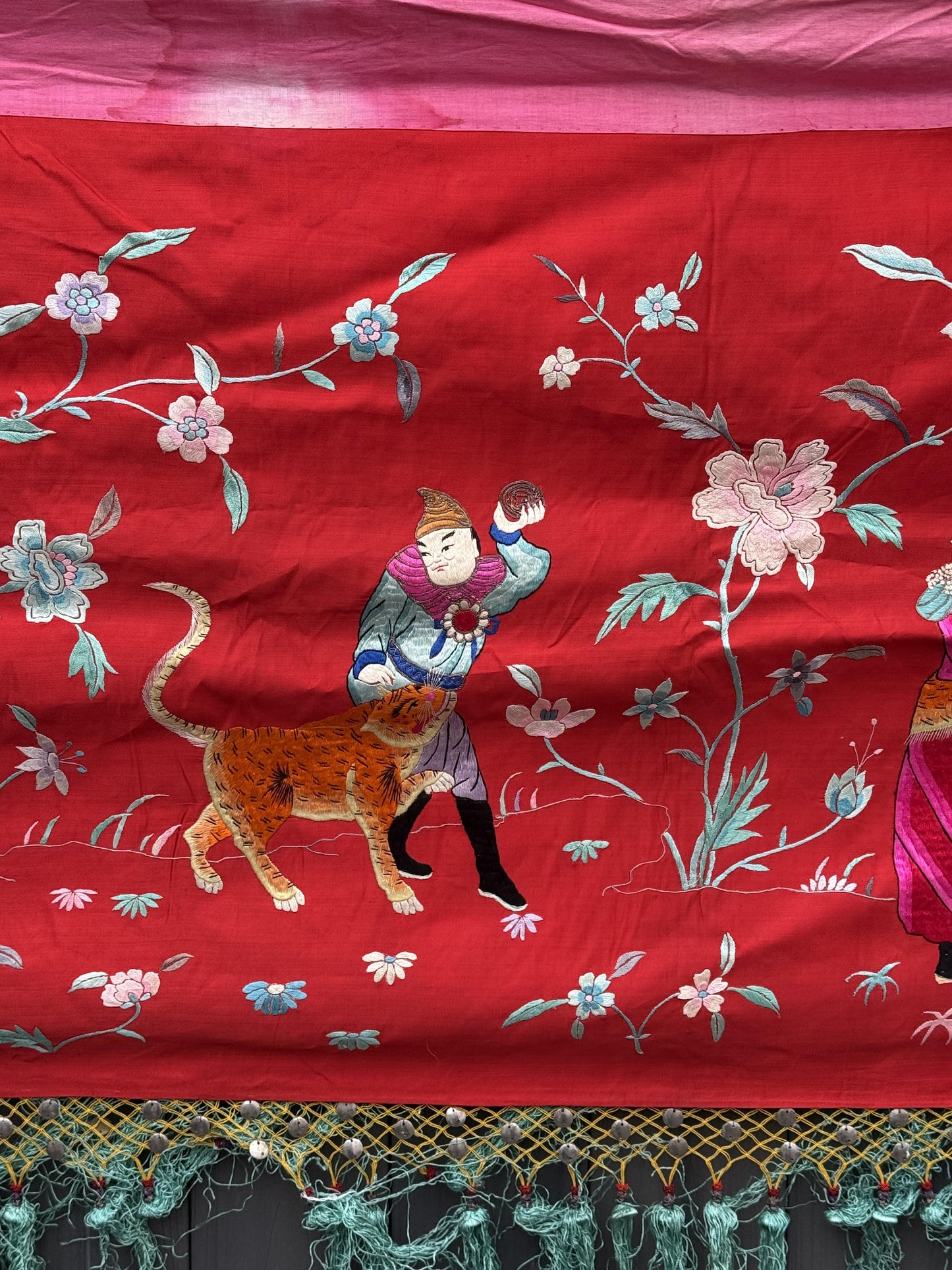 Large Late Qing Dynasty Silk Embroidery on Red Satin Textile