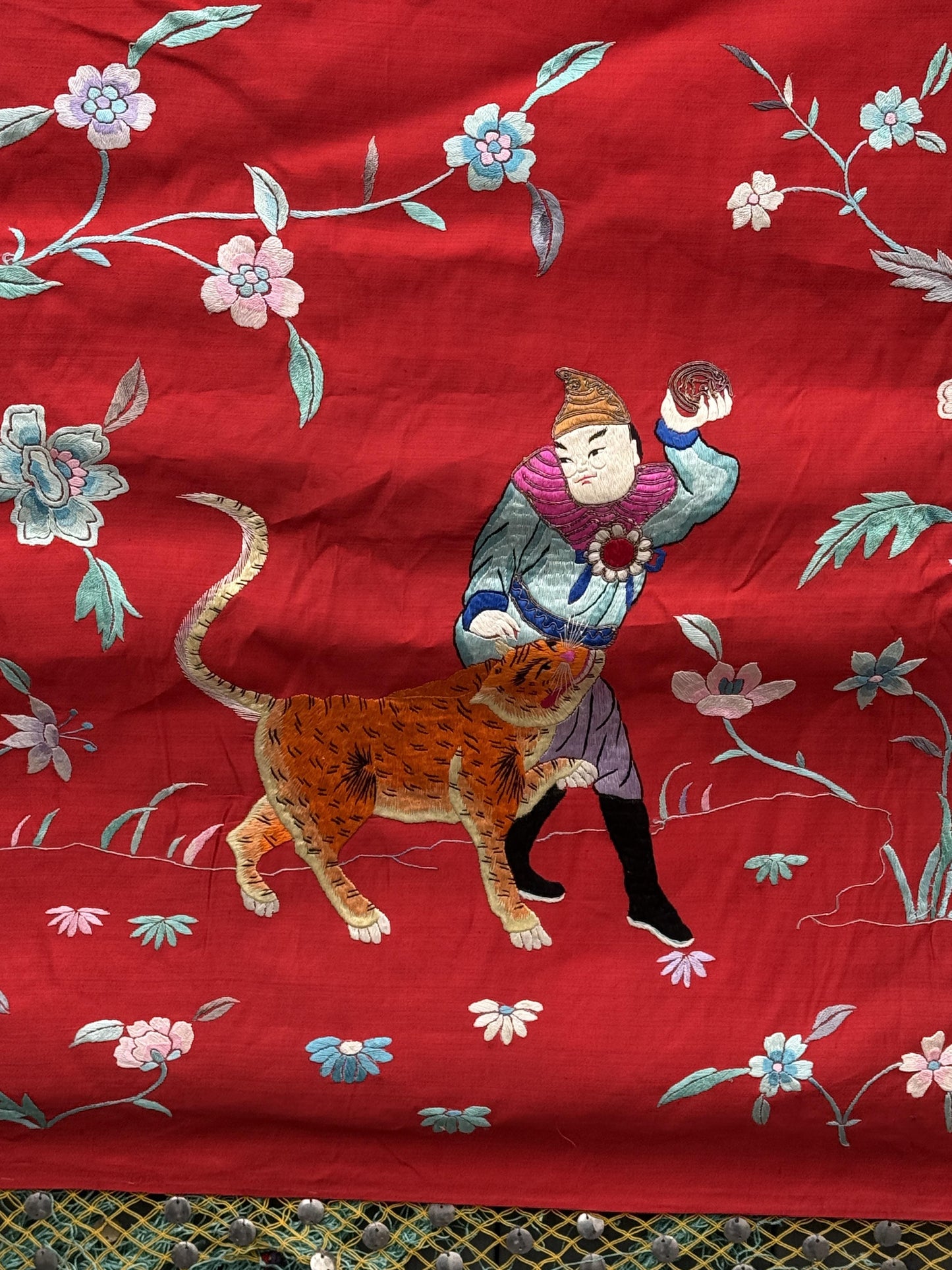 Large Late Qing Dynasty Silk Embroidery on Red Satin Textile