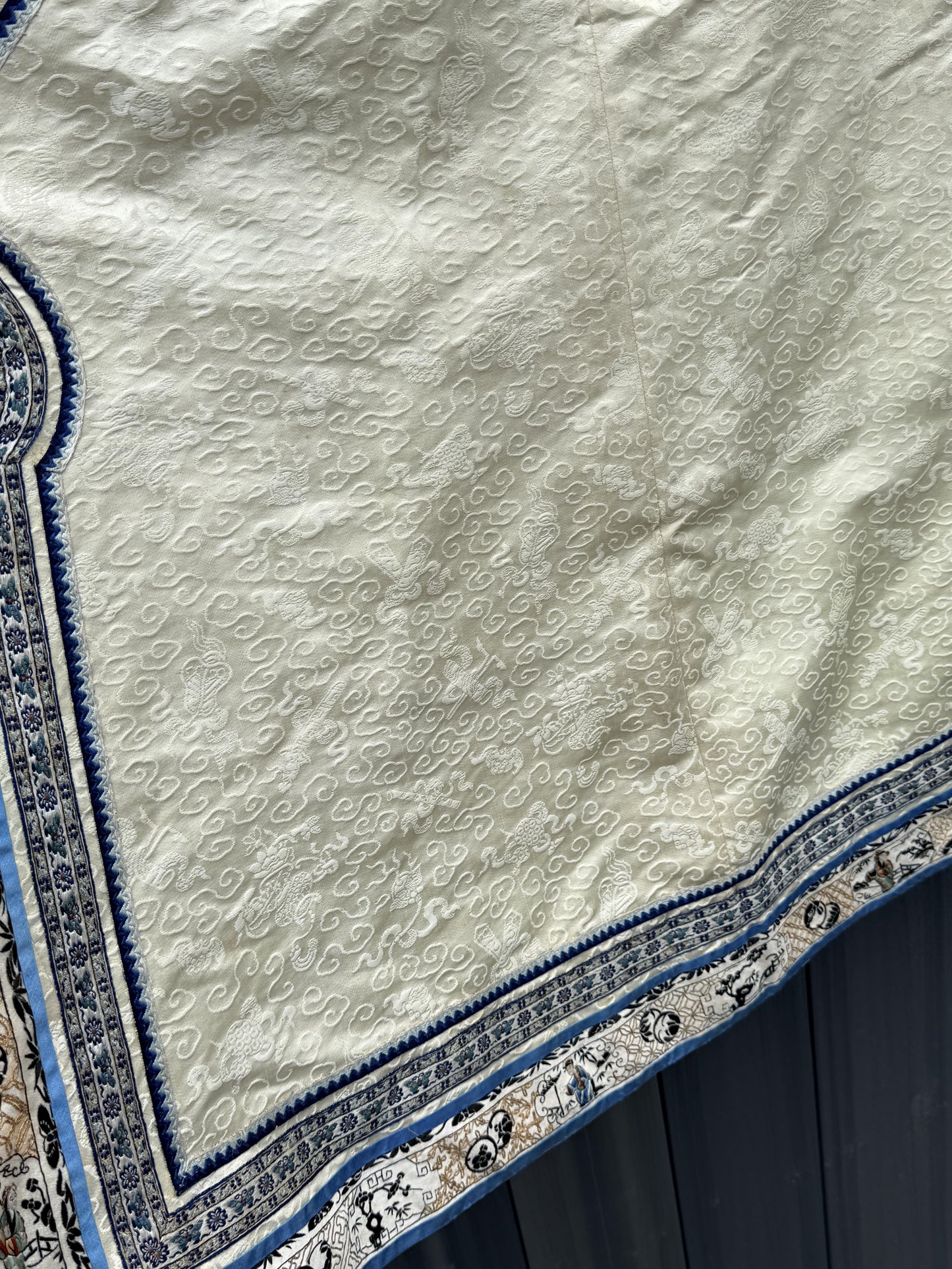 Late Qing Dynasty Silk Damask Robe with Figural & Floral Embroidery