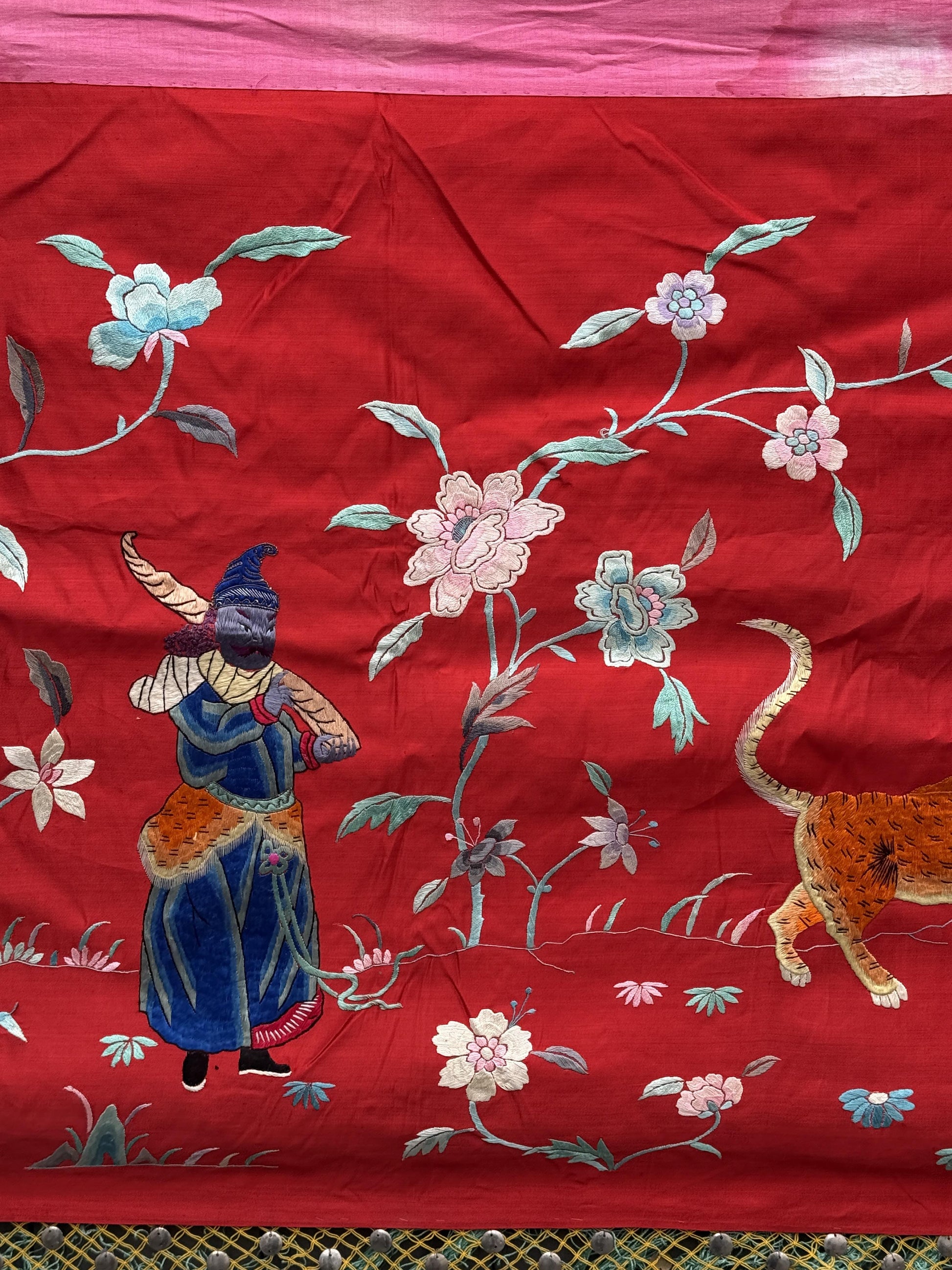 Large Late Qing Dynasty Silk Embroidery on Red Satin Textile