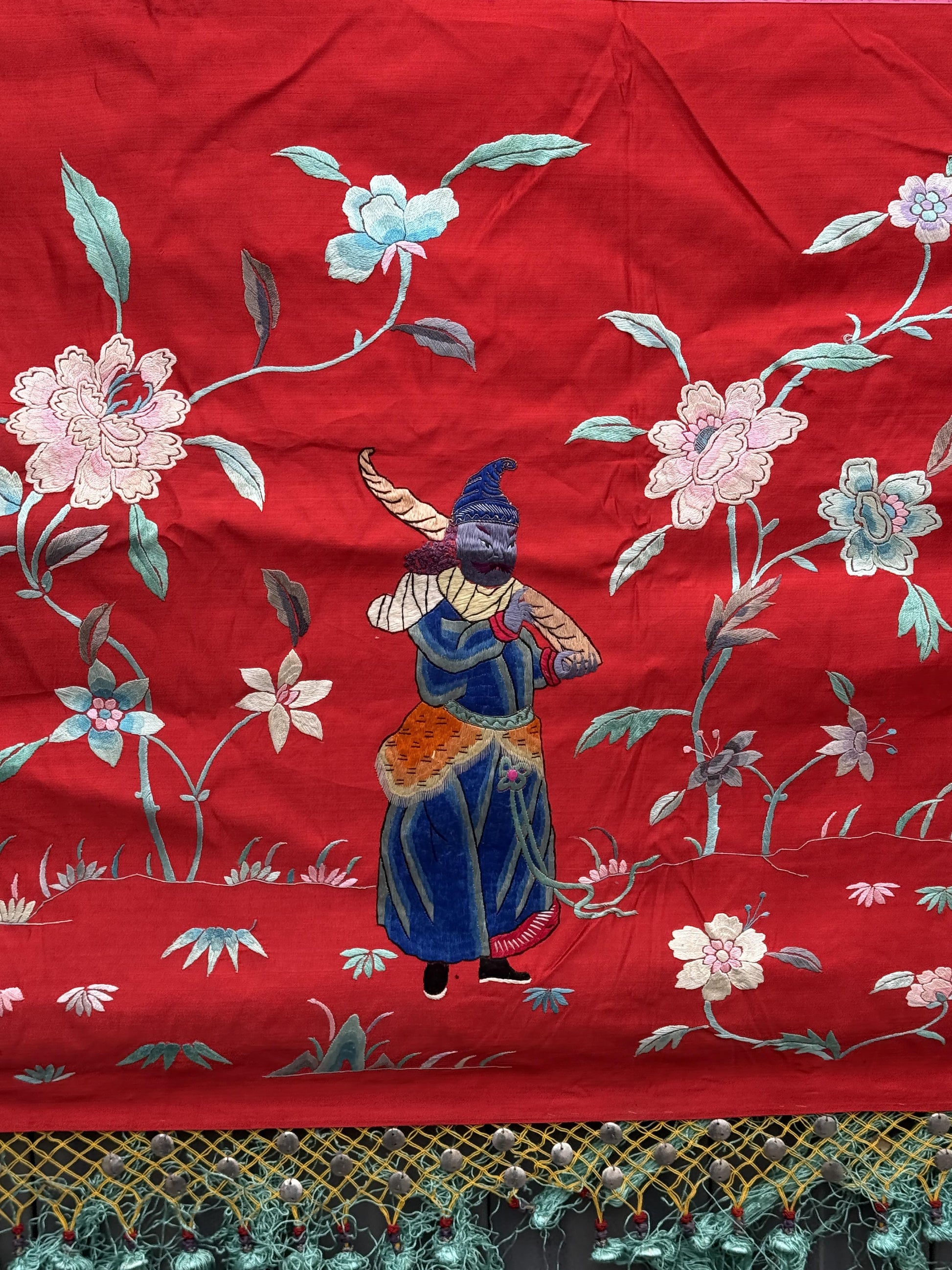 Large Late Qing Dynasty Silk Embroidery on Red Satin Textile