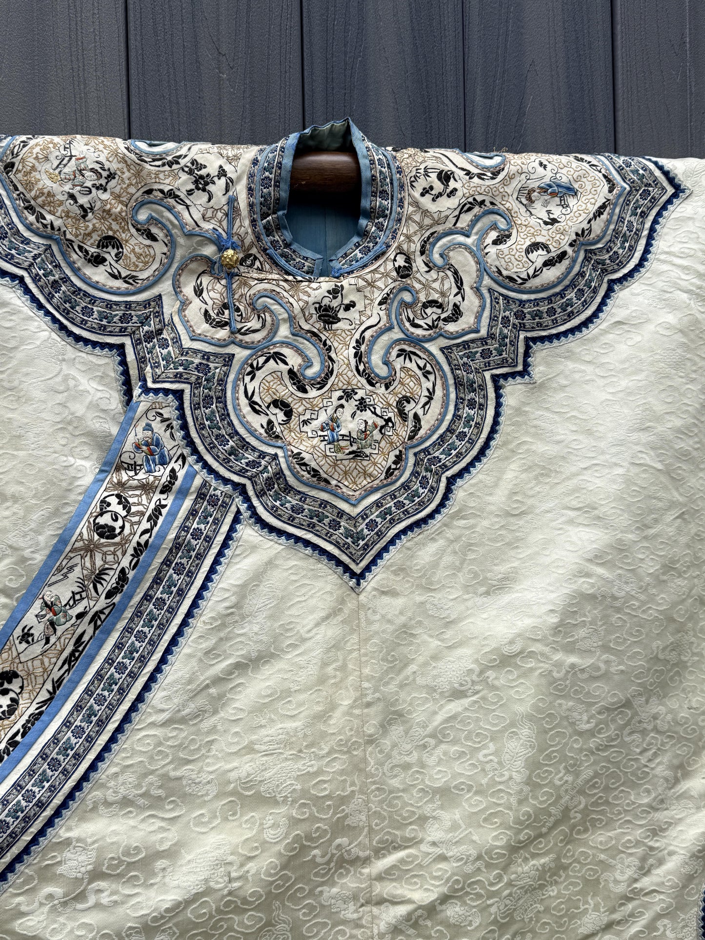 Late Qing Dynasty Silk Damask Robe with Figural & Floral Embroidery