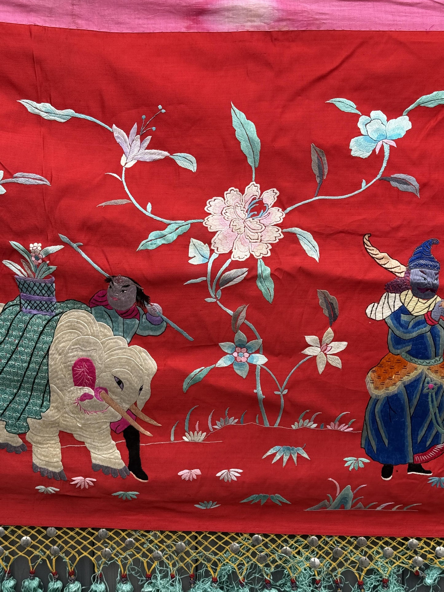 Large Late Qing Dynasty Silk Embroidery on Red Satin Textile