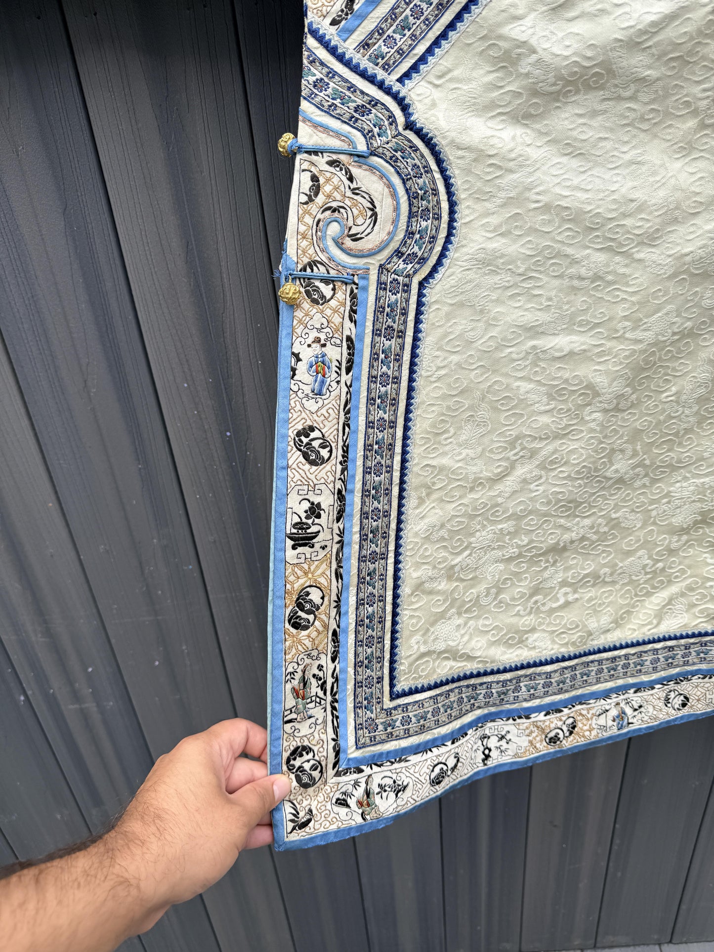 Late Qing Dynasty Silk Damask Robe with Figural & Floral Embroidery