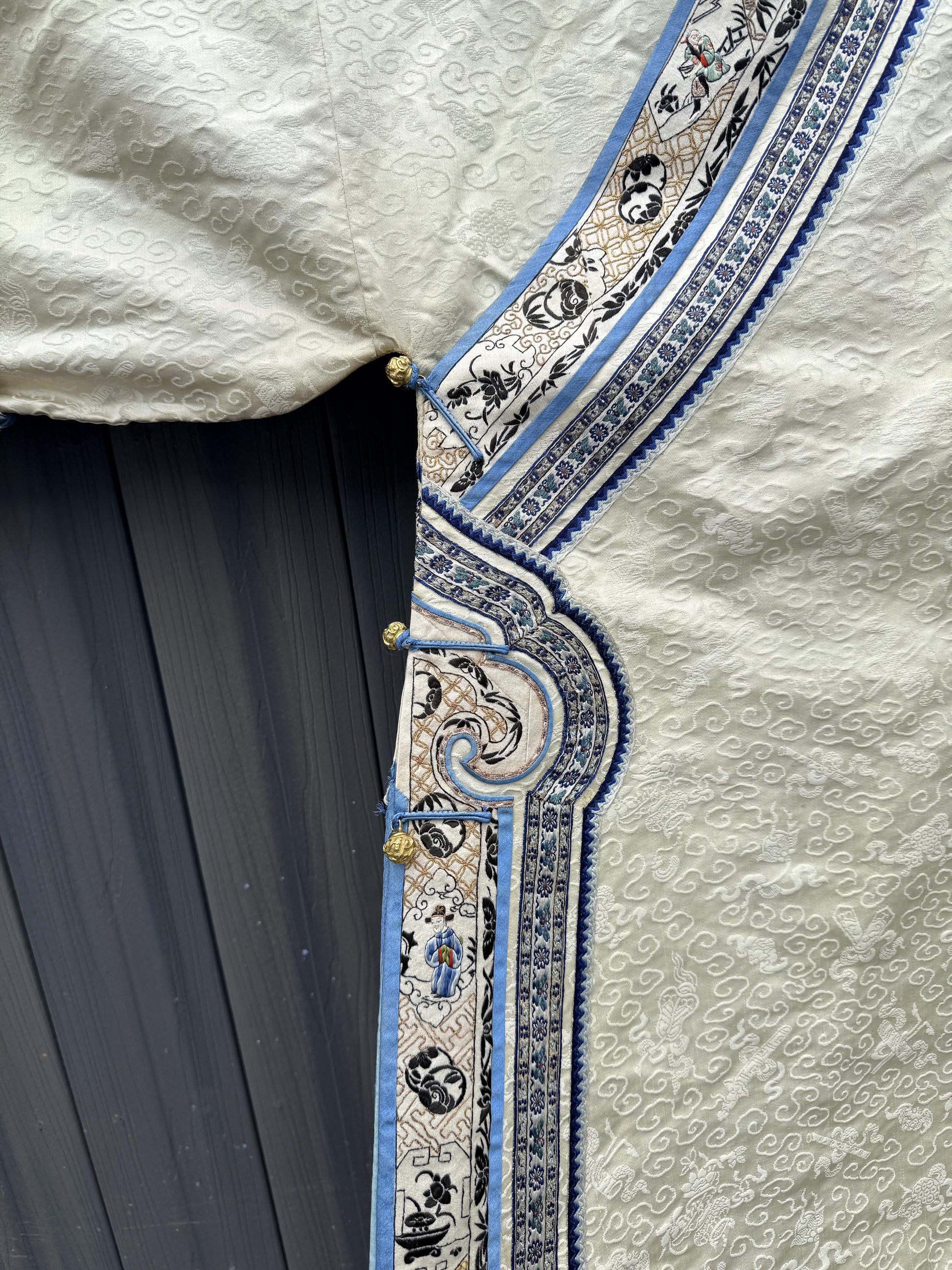 Late Qing Dynasty Silk Damask Robe with Figural & Floral Embroidery