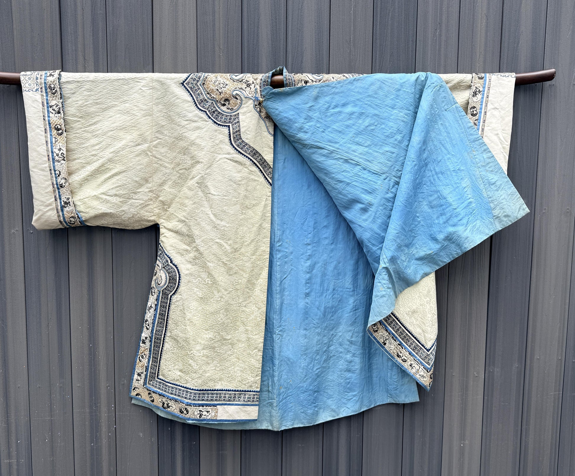 Late Qing Dynasty Silk Damask Robe with Figural & Floral Embroidery