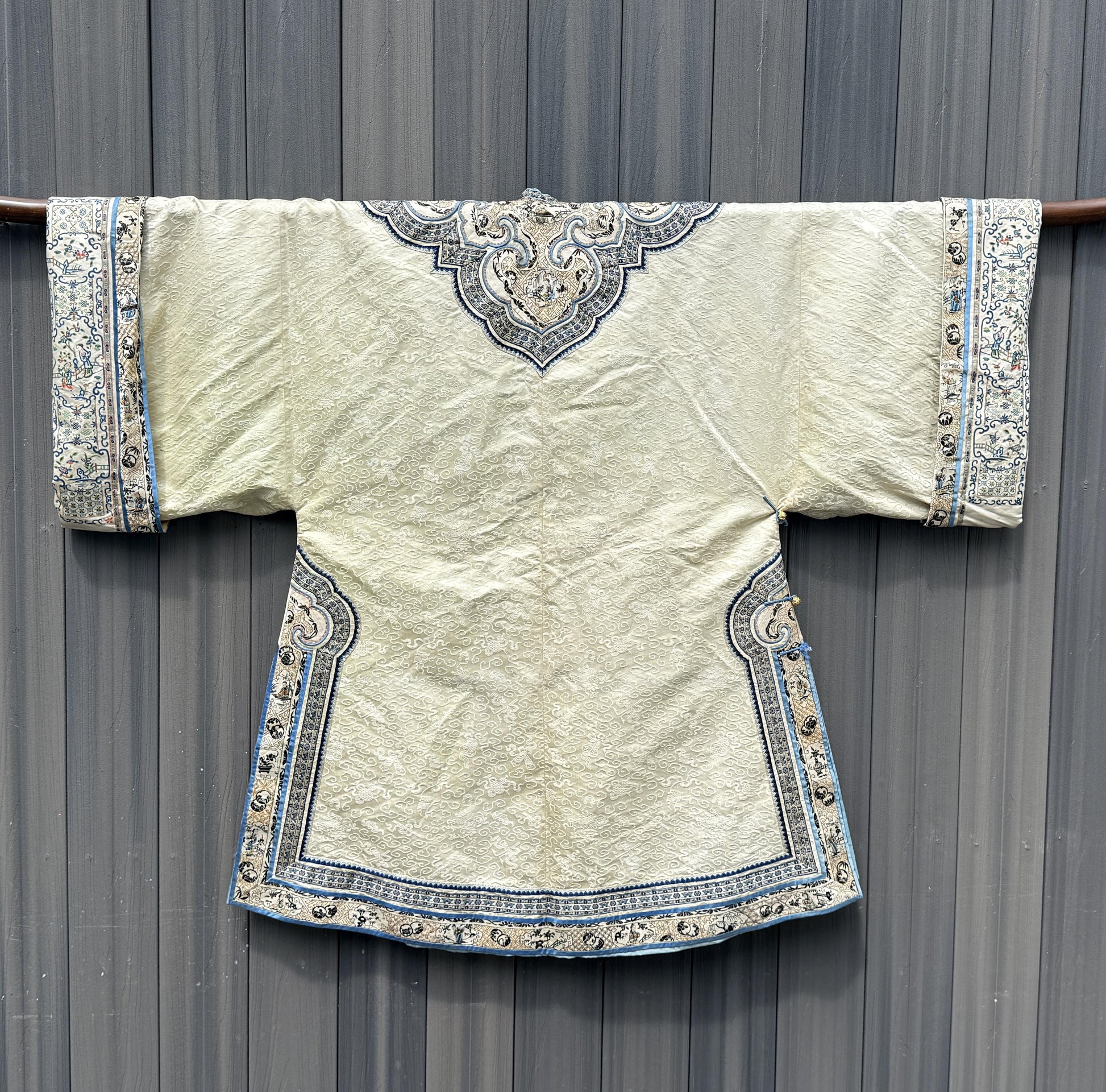 Late Qing Dynasty Silk Damask Robe with Figural & Floral Embroidery