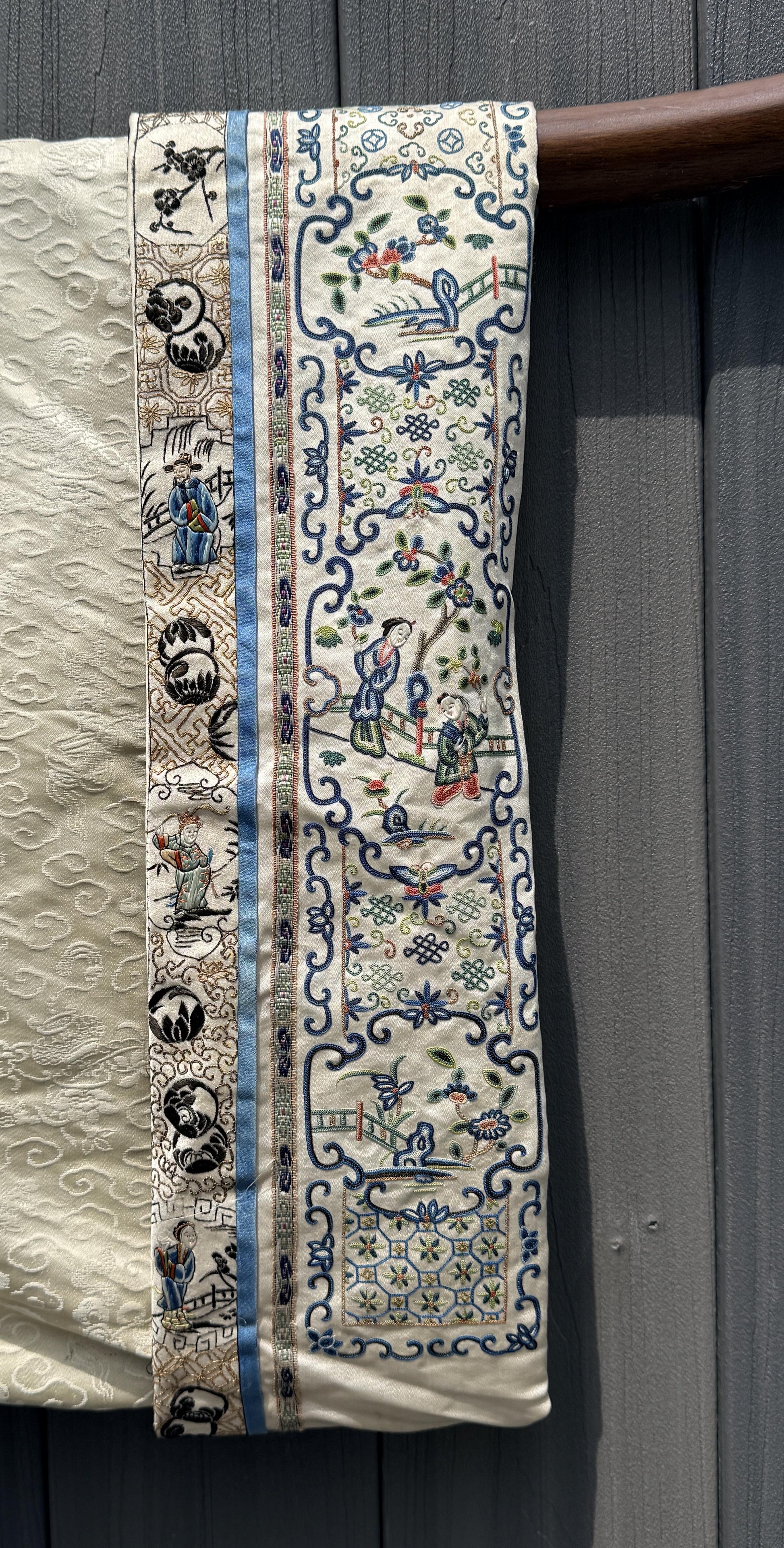 Late Qing Dynasty Silk Damask Robe with Figural & Floral Embroidery