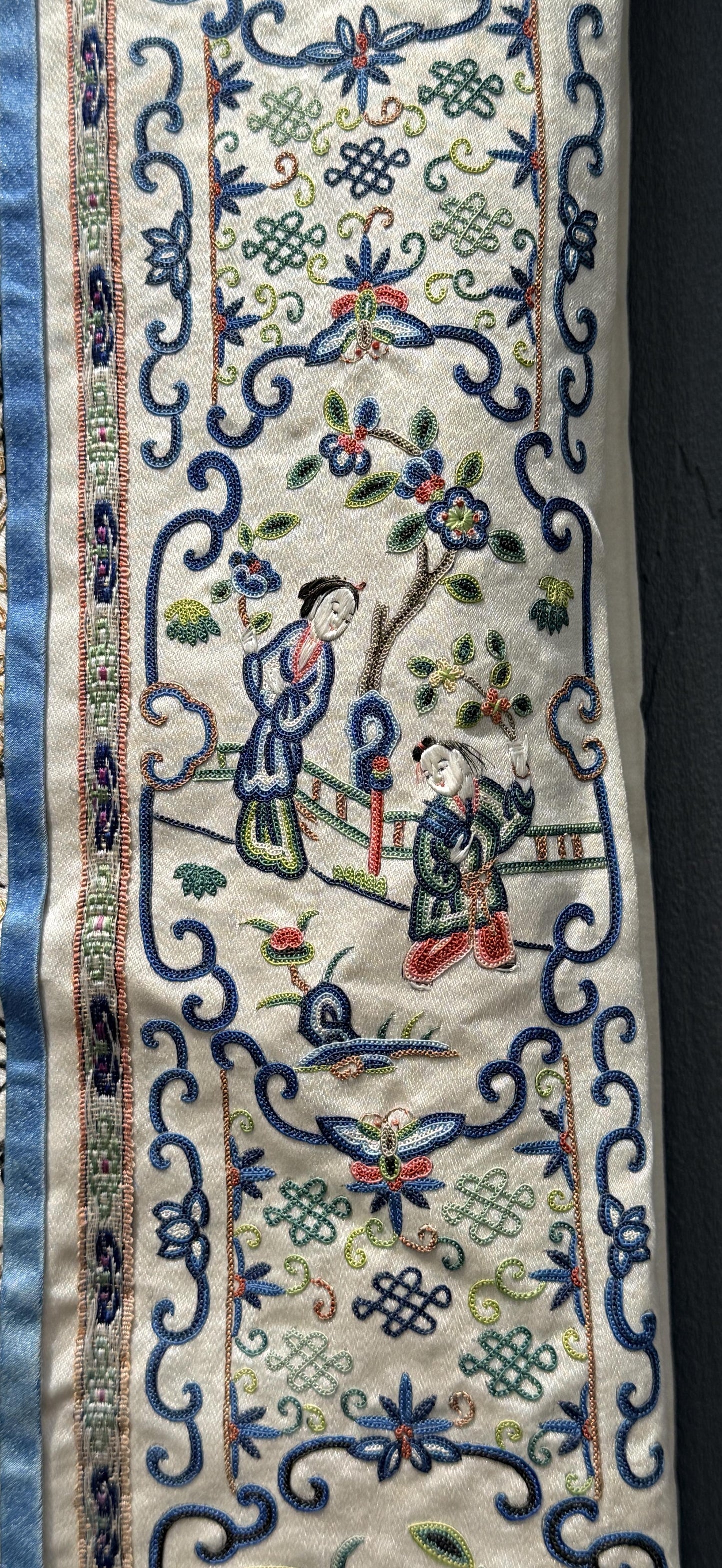Late Qing Dynasty Silk Damask Robe with Figural & Floral Embroidery