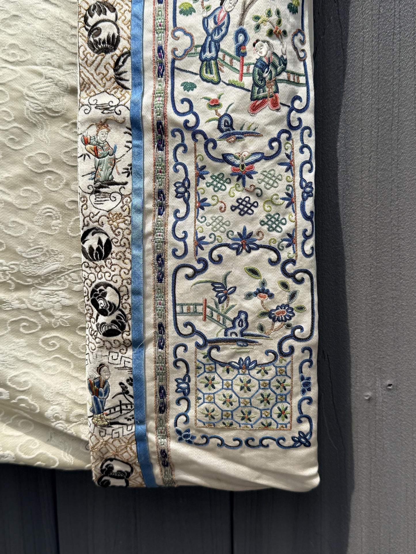 Late Qing Dynasty Silk Damask Robe with Figural & Floral Embroidery