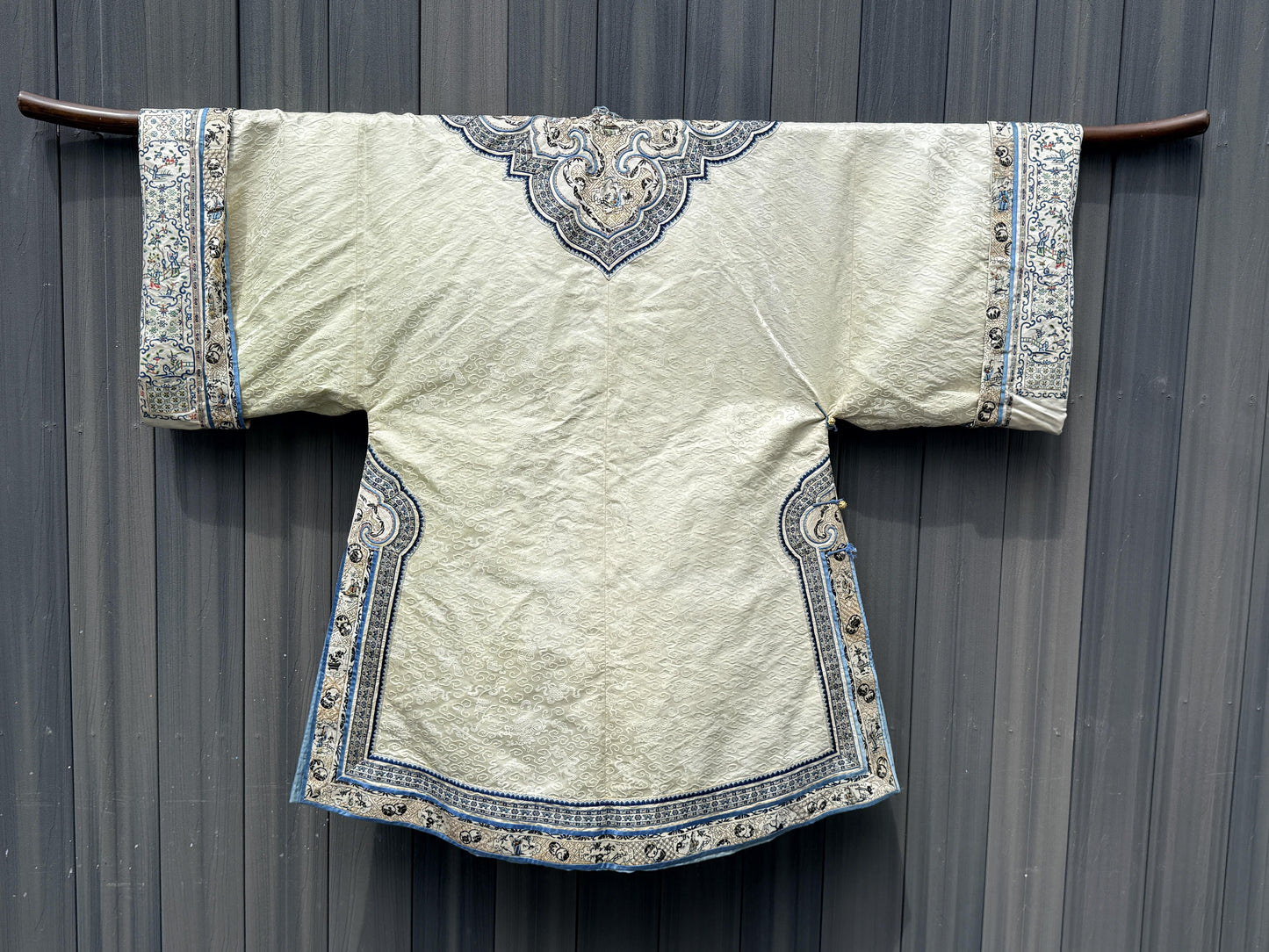 Late Qing Dynasty Silk Damask Robe with Figural & Floral Embroidery