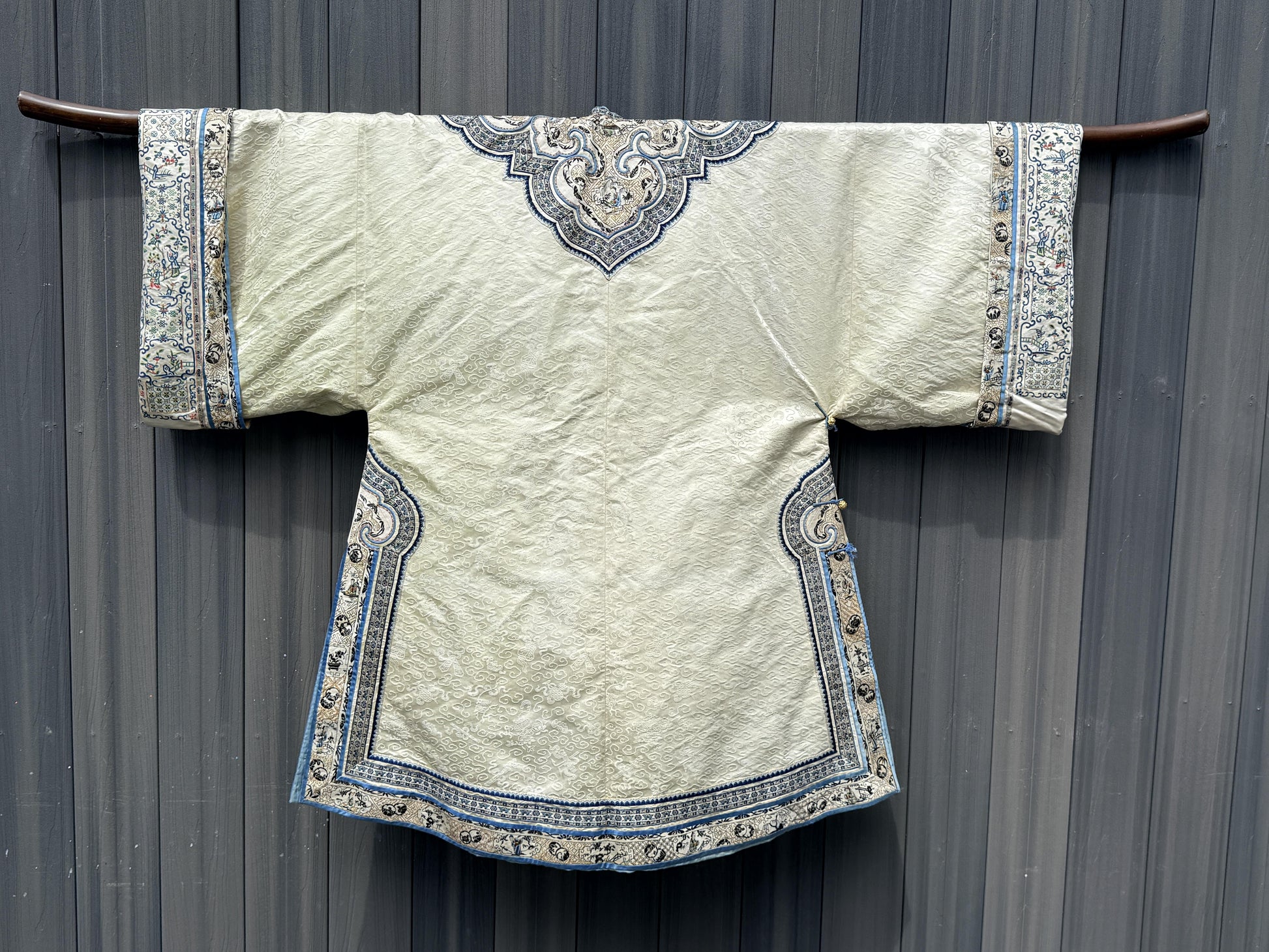 Late Qing Dynasty Silk Damask Robe with Figural & Floral Embroidery