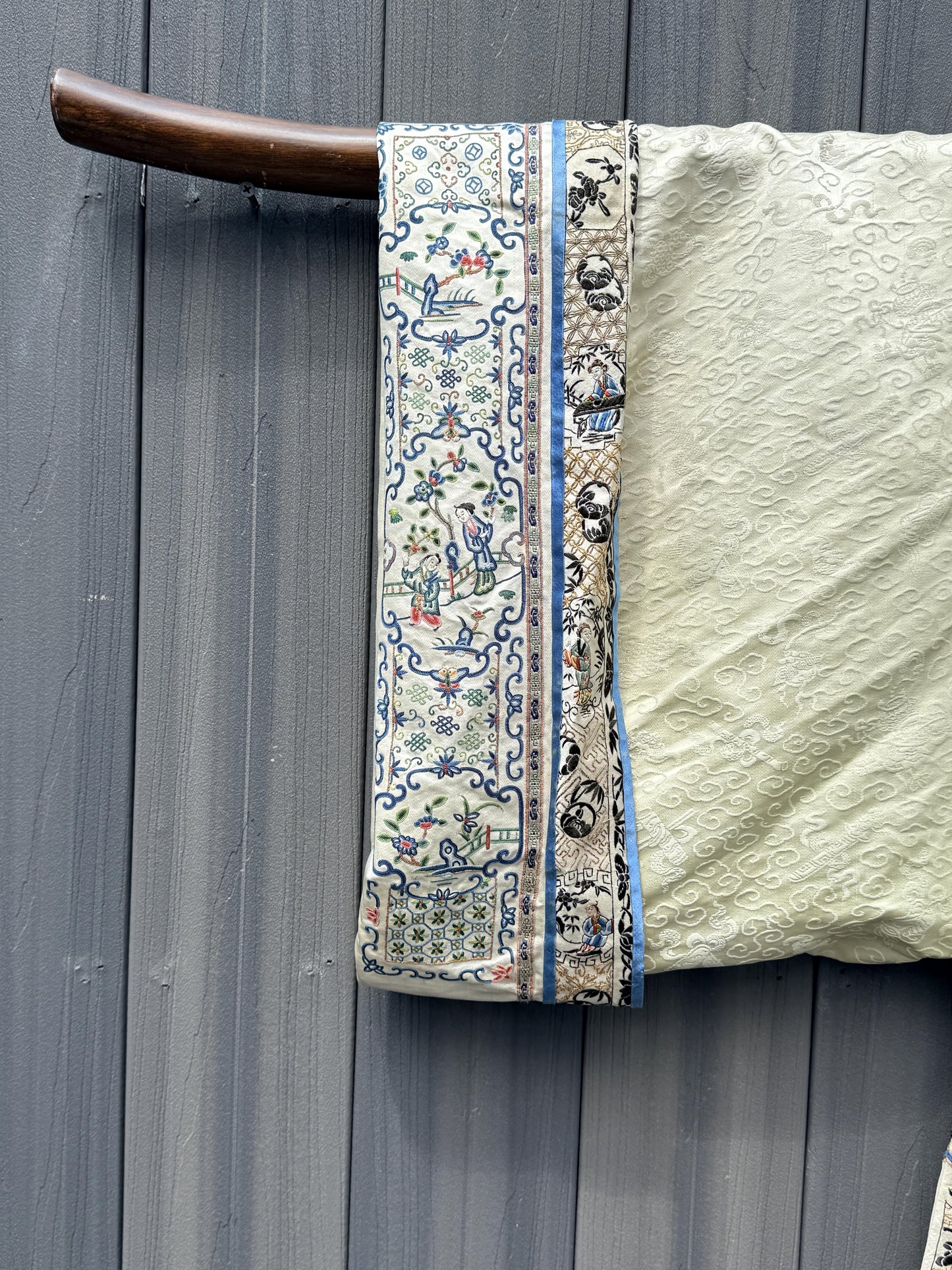 Late Qing Dynasty Silk Damask Robe with Figural & Floral Embroidery