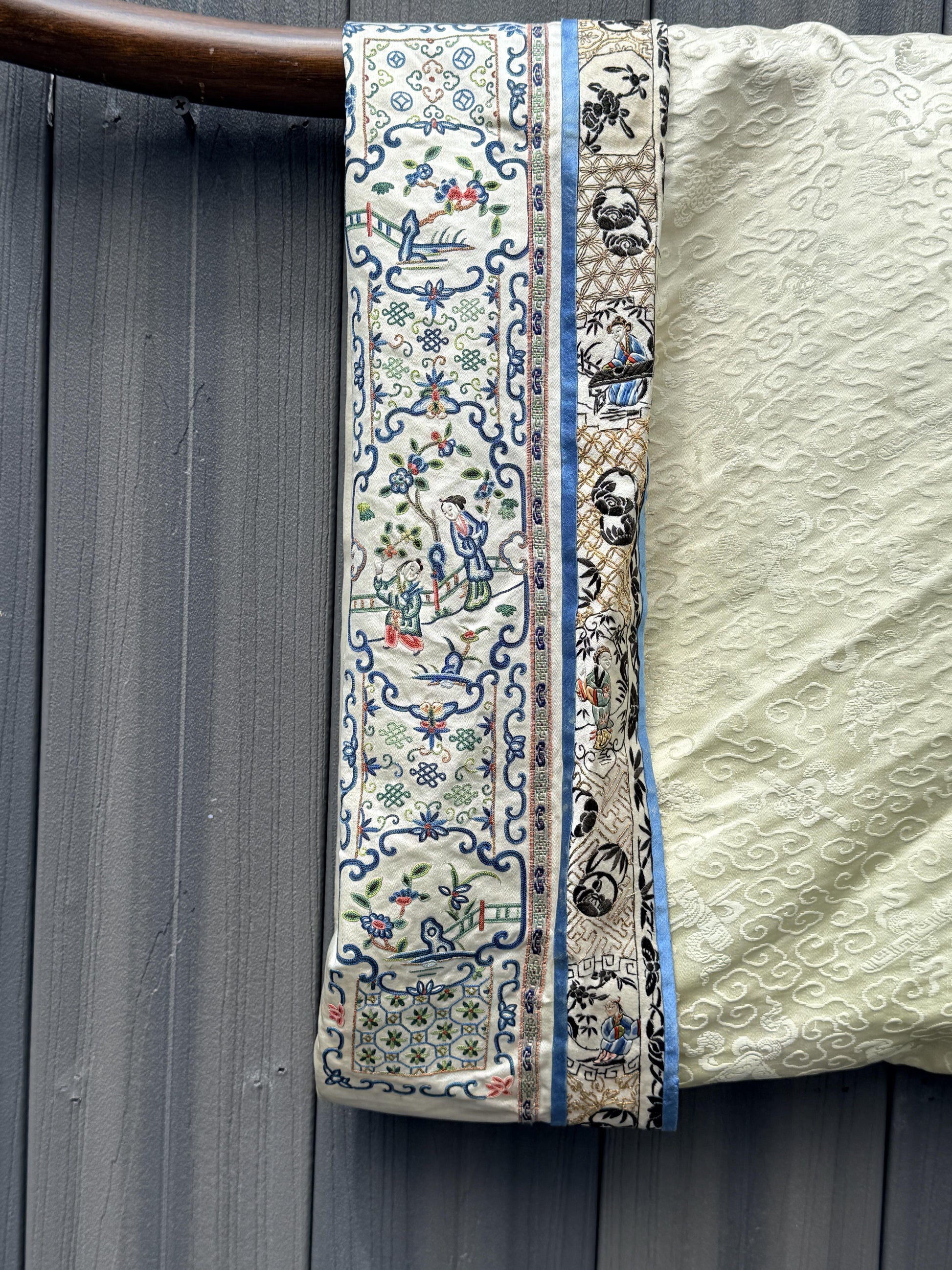 Late Qing Dynasty Silk Damask Robe with Figural & Floral Embroidery
