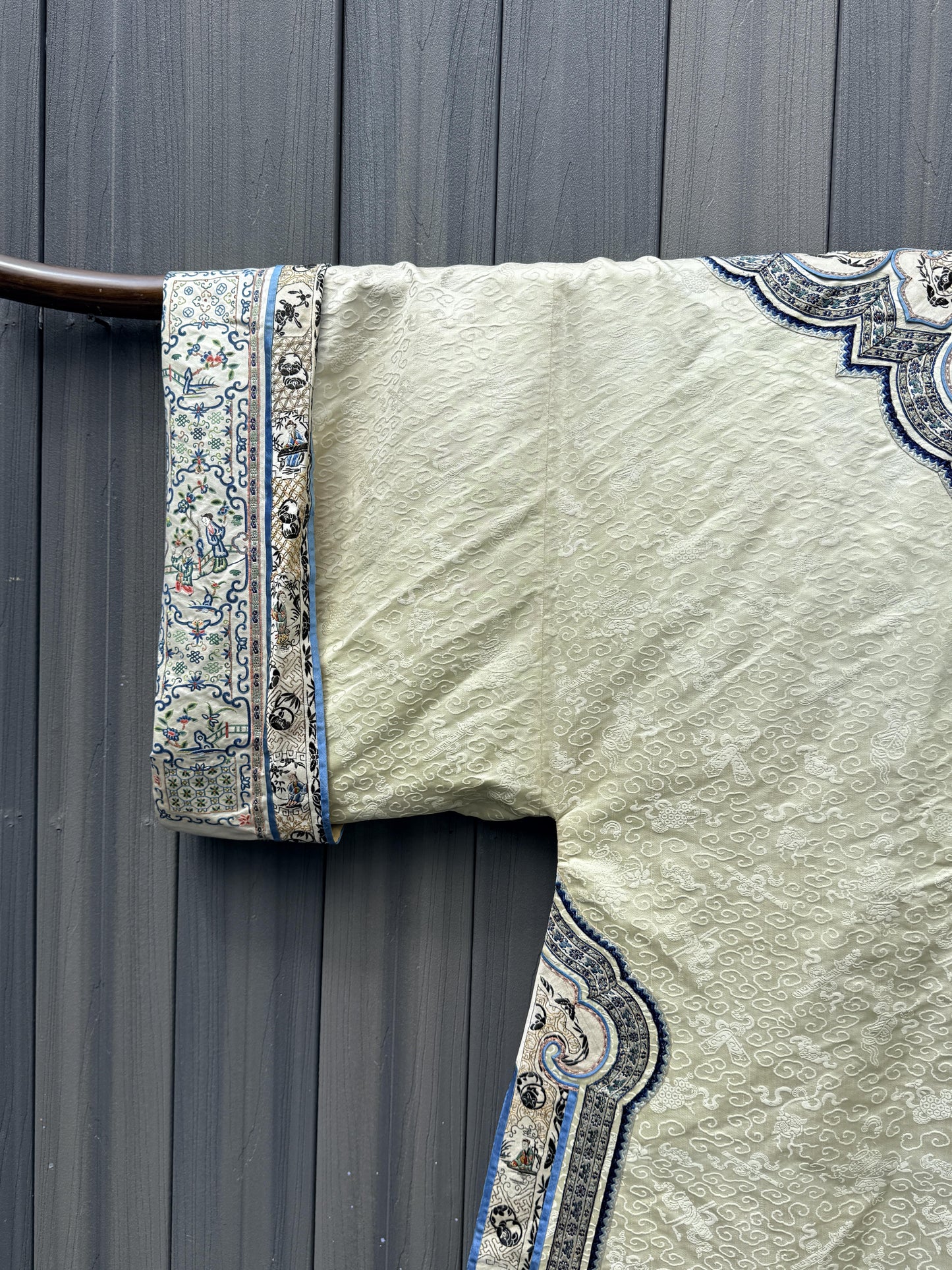 Late Qing Dynasty Silk Damask Robe with Figural & Floral Embroidery