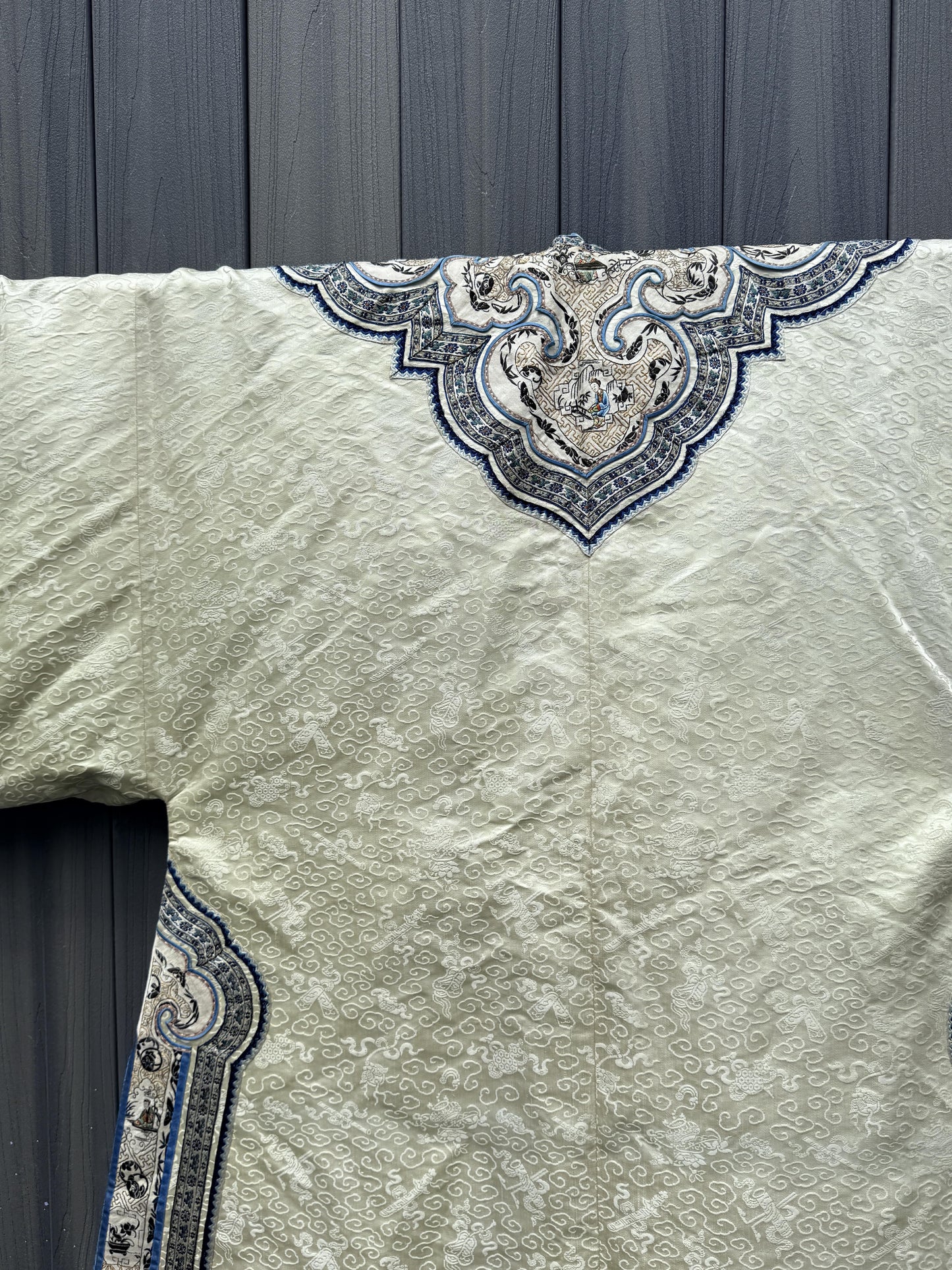 Late Qing Dynasty Silk Damask Robe with Figural & Floral Embroidery