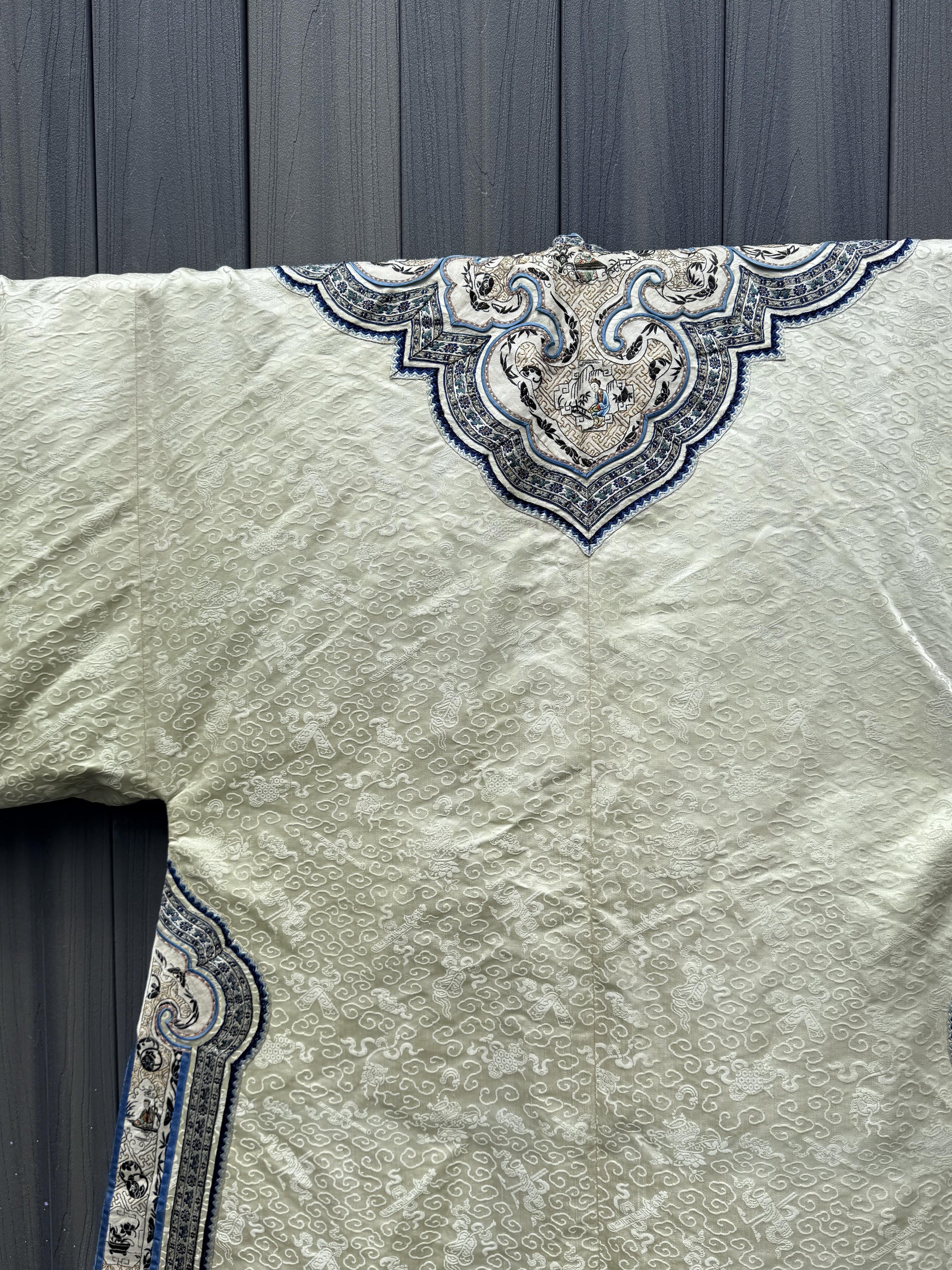 Late Qing Dynasty Silk Damask Robe with Figural & Floral Embroidery