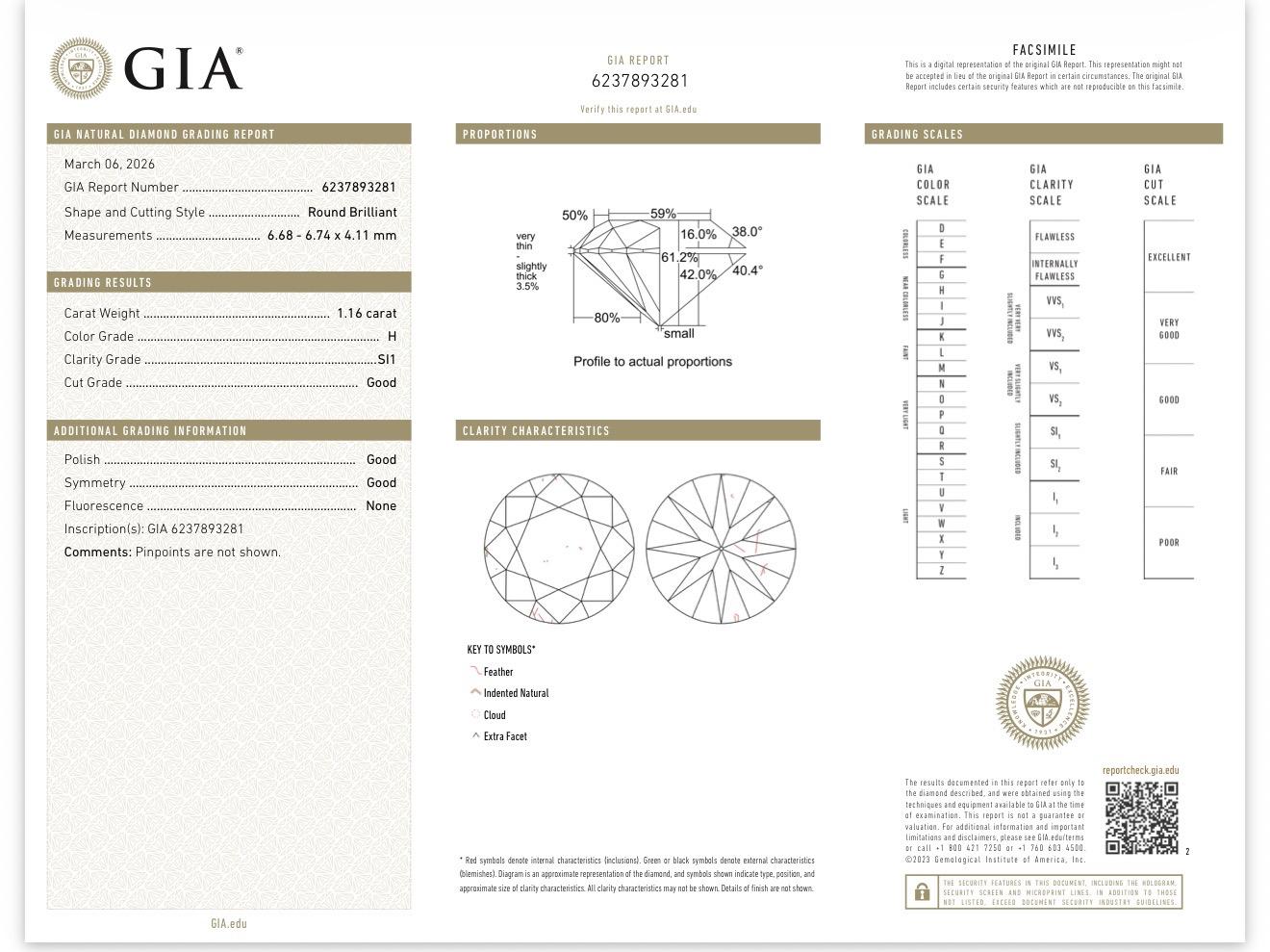 GIA 1.16 Carat H SI1 Round Brilliant Diamond Engagement Ring 14K Gold Platinum