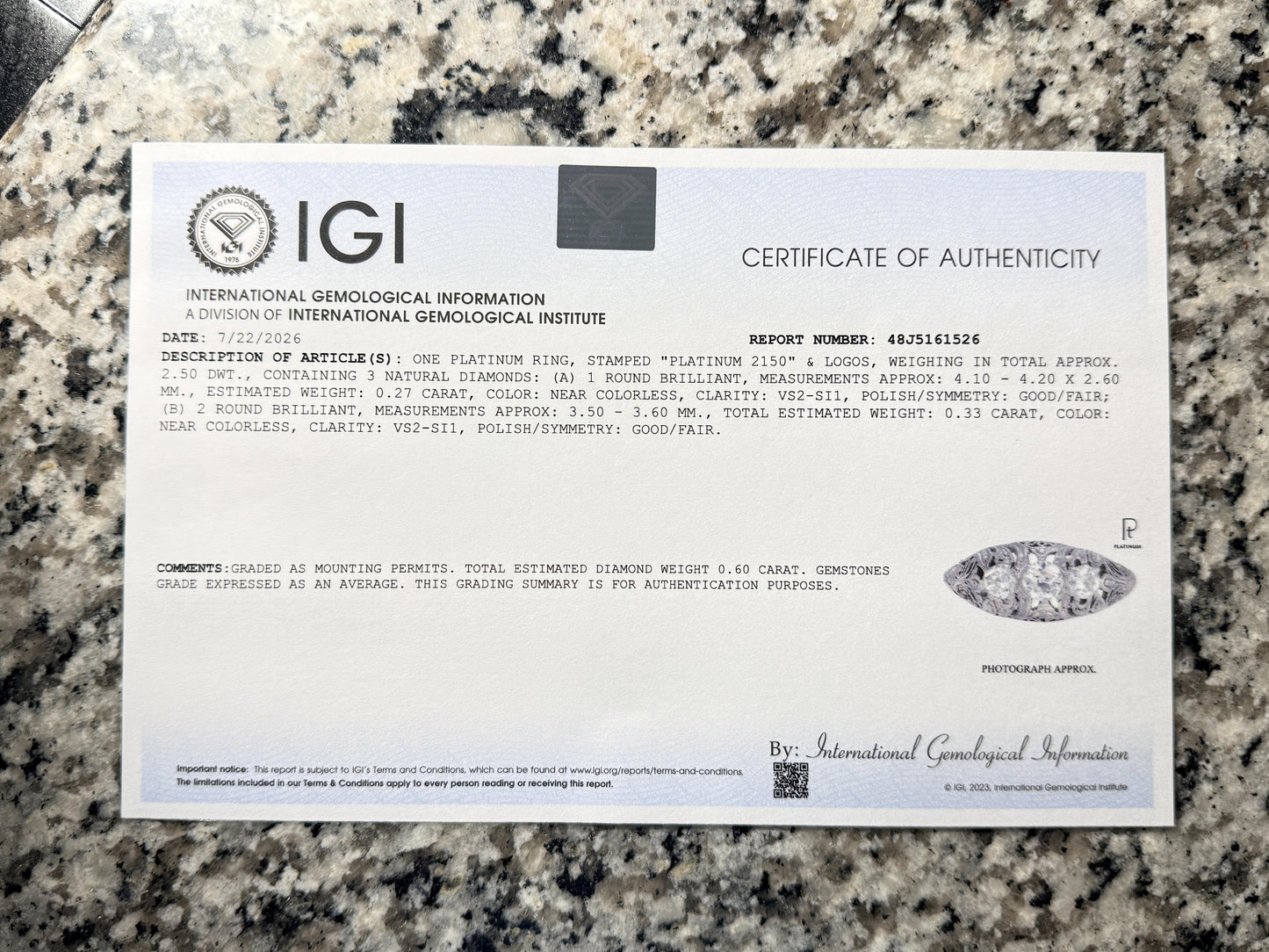IGI Cert Art Deco Platinum 3 Three Stone Diamond Filigree Ring 0.60 CTW Size 5