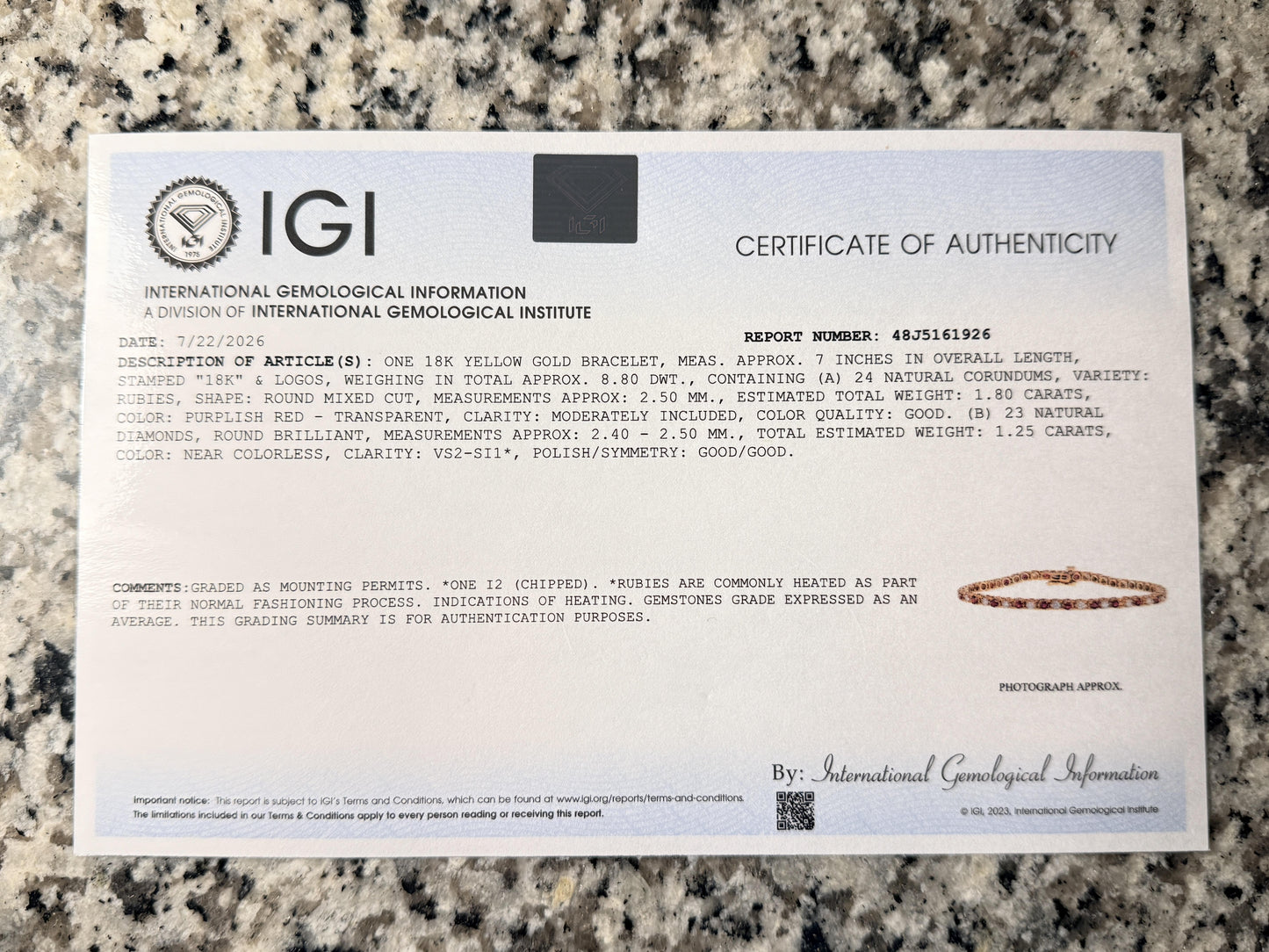 3.05 TCW Ruby & Diamond Tennis Bracelet in 18K Yellow Gold – 7" – IGI Certified