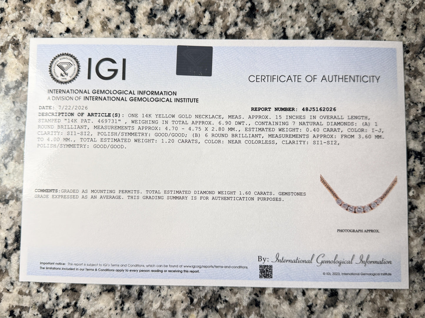 1.60 CTW 7-Stone Diamond Graduated Necklace in 14K Yellow Gold – 15" – IGI Cert.