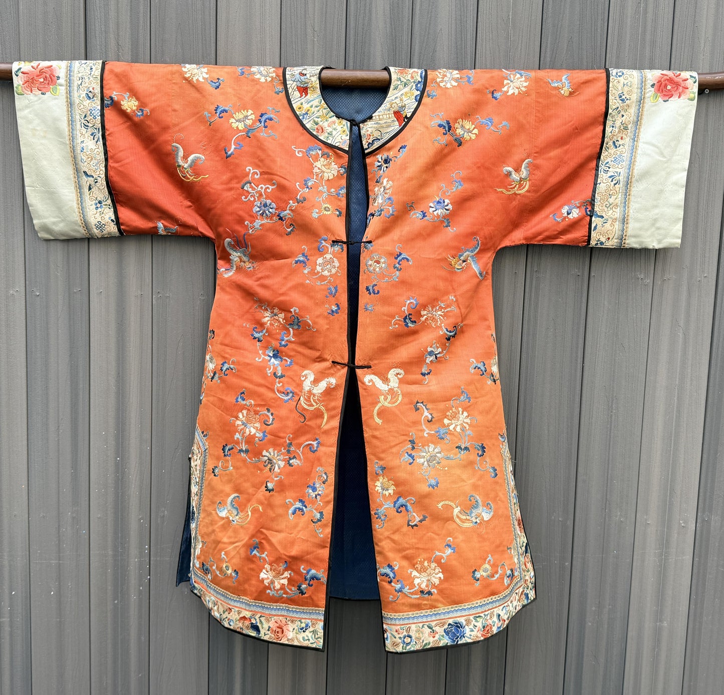 Antique Late Qing Dynasty Embroidered Silk Informal Robe - Coral Orange 1880s
