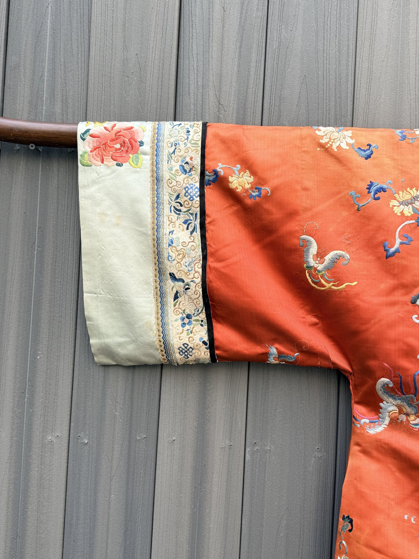 Antique Late Qing Dynasty Embroidered Silk Informal Robe - Coral Orange 1880s