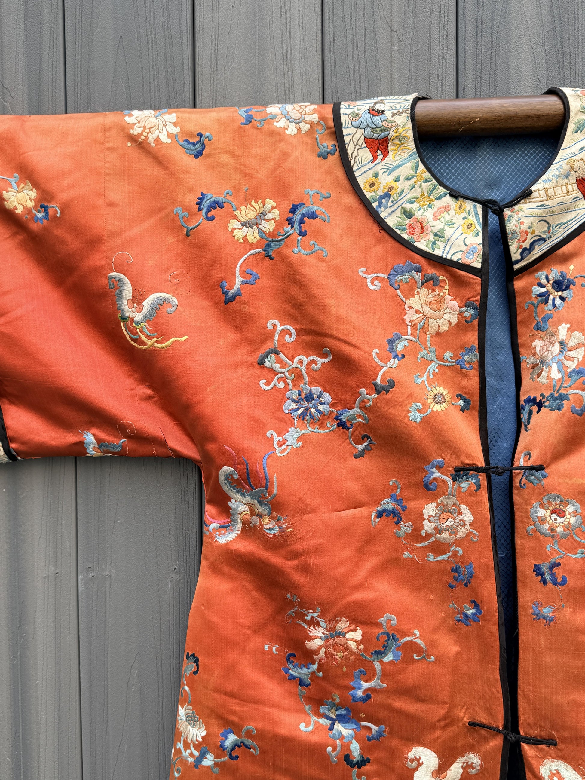 Antique Late Qing Dynasty Embroidered Silk Informal Robe - Coral Orange 1880s