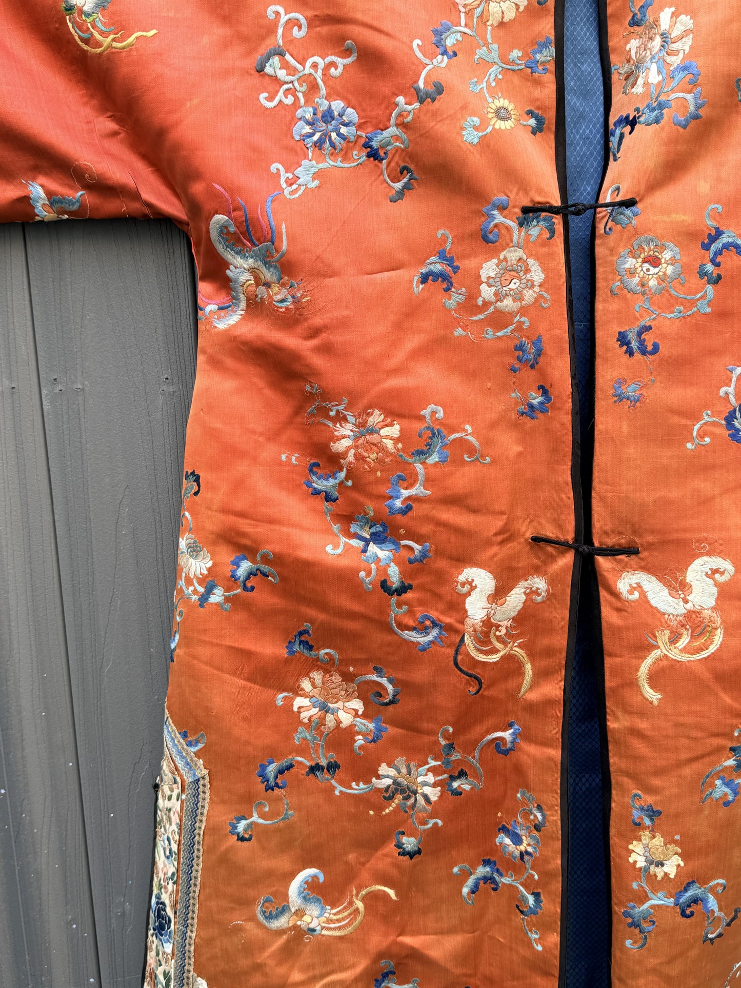 Antique Late Qing Dynasty Embroidered Silk Informal Robe - Coral Orange 1880s