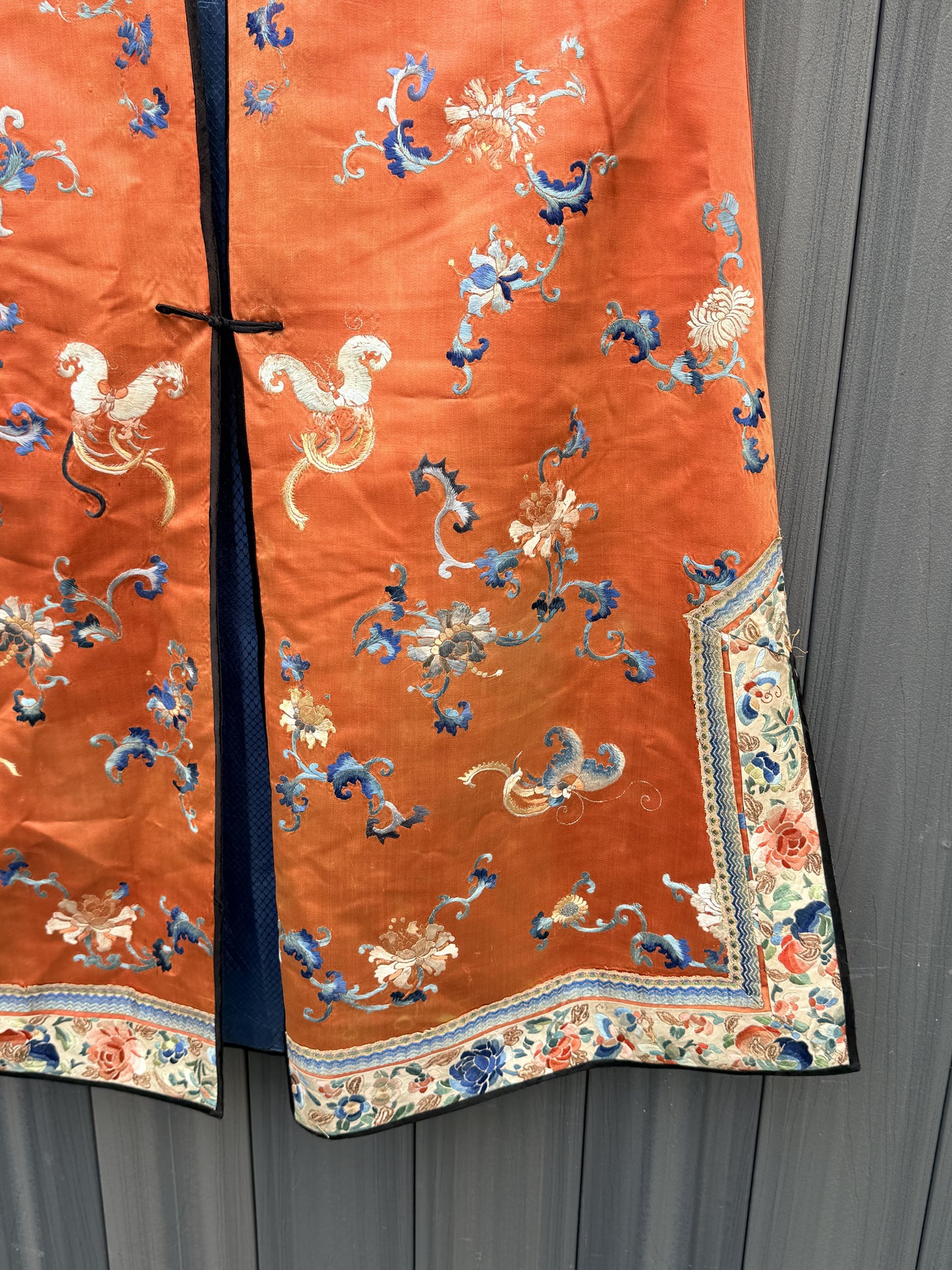 Antique Late Qing Dynasty Embroidered Silk Informal Robe - Coral Orange 1880s
