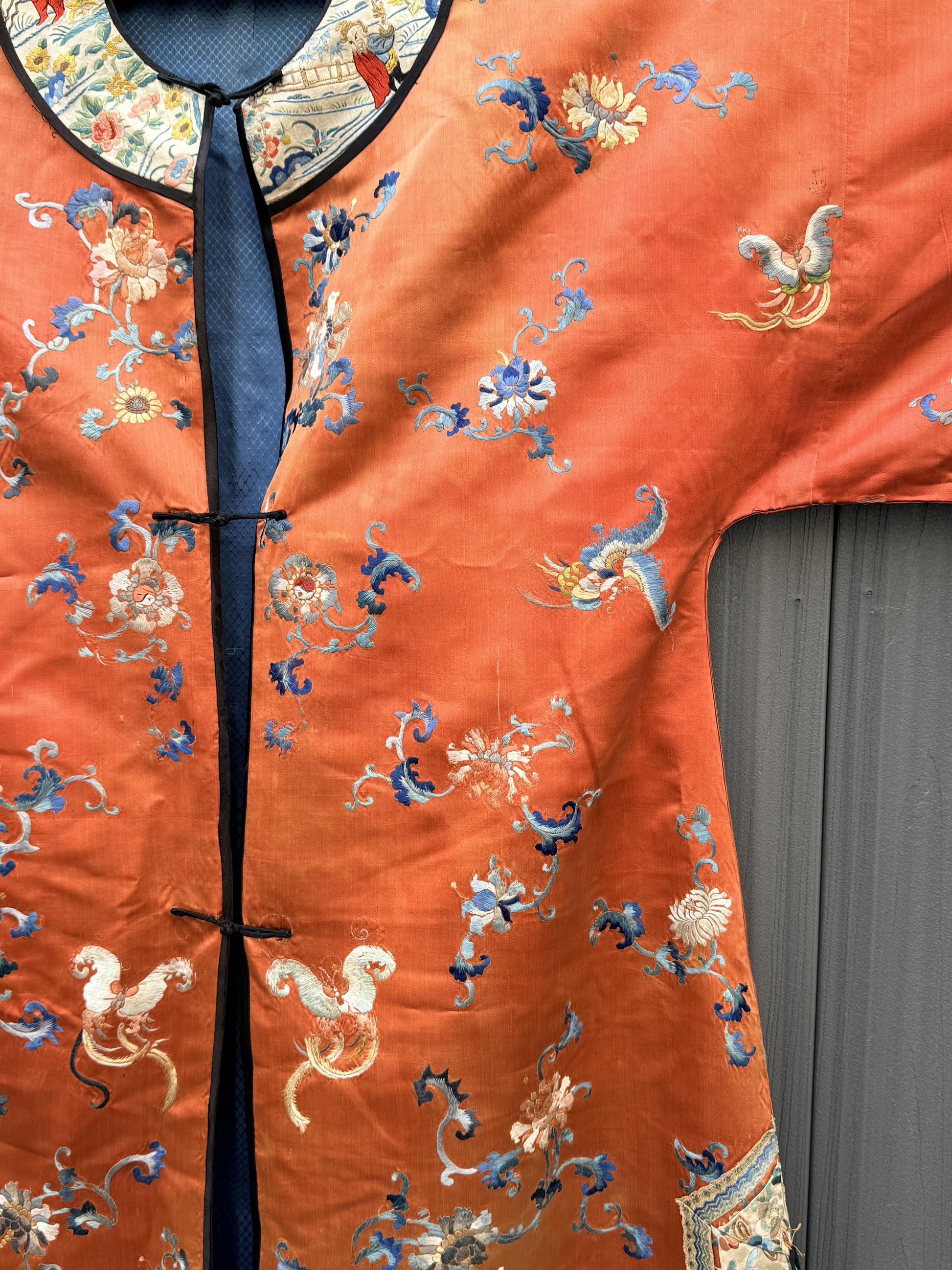 Antique Late Qing Dynasty Embroidered Silk Informal Robe - Coral Orange 1880s