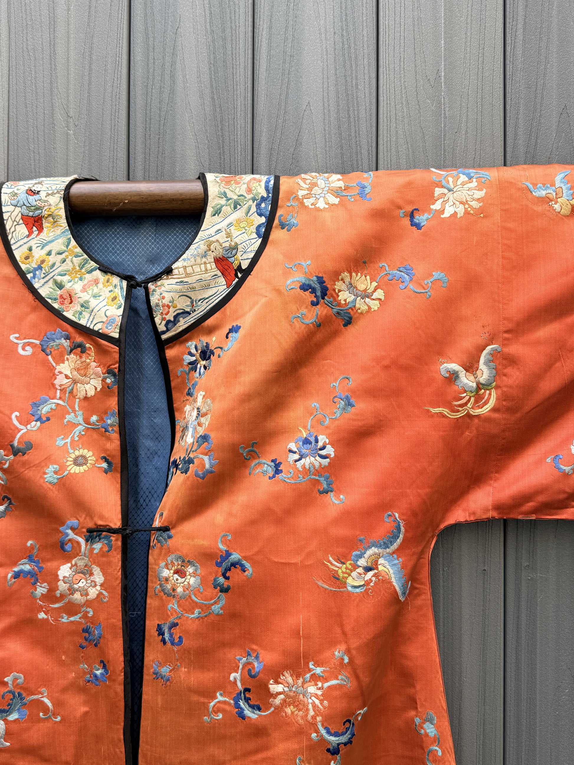 Antique Late Qing Dynasty Embroidered Silk Informal Robe - Coral Orange 1880s