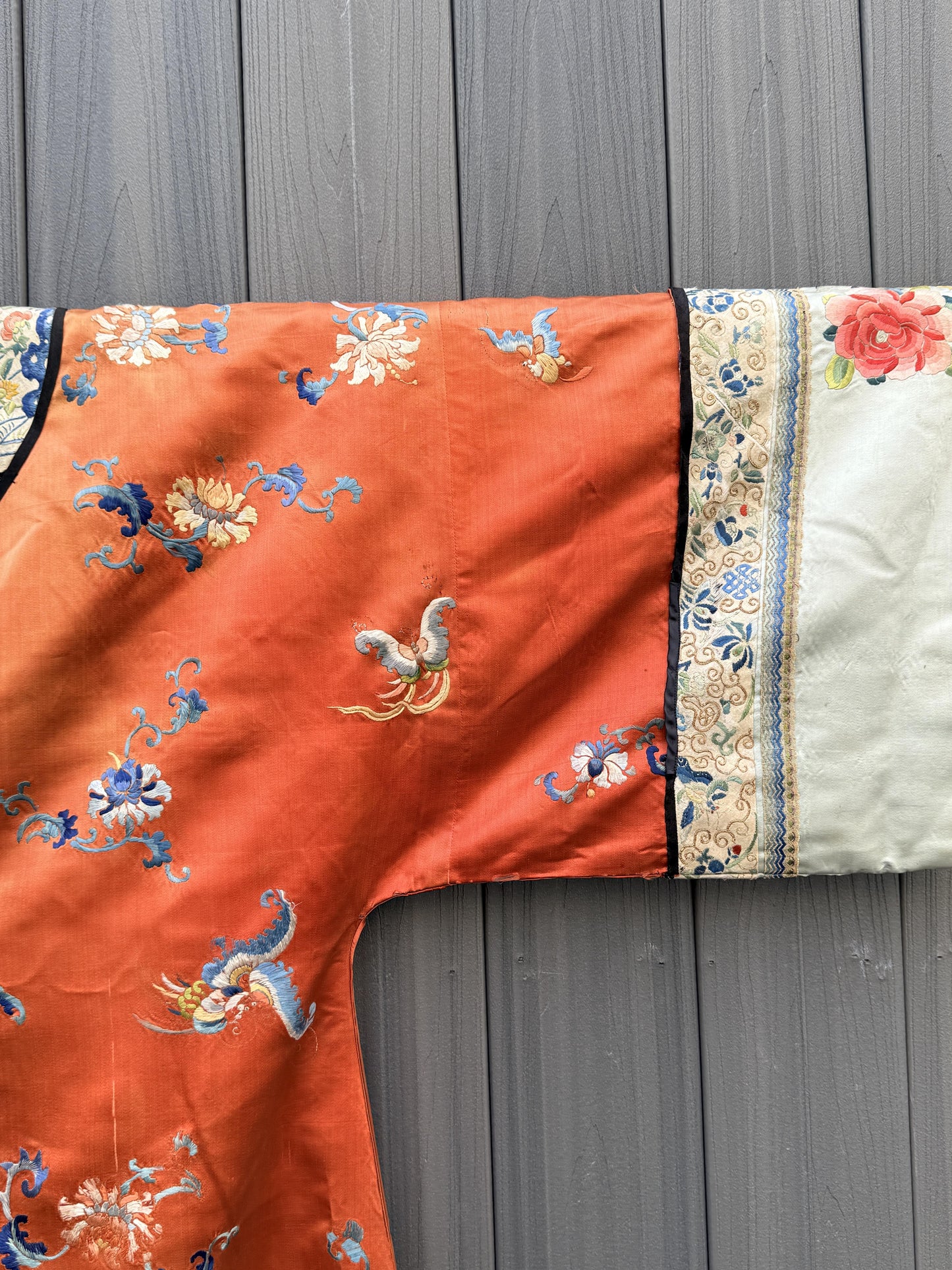 Antique Late Qing Dynasty Embroidered Silk Informal Robe - Coral Orange 1880s