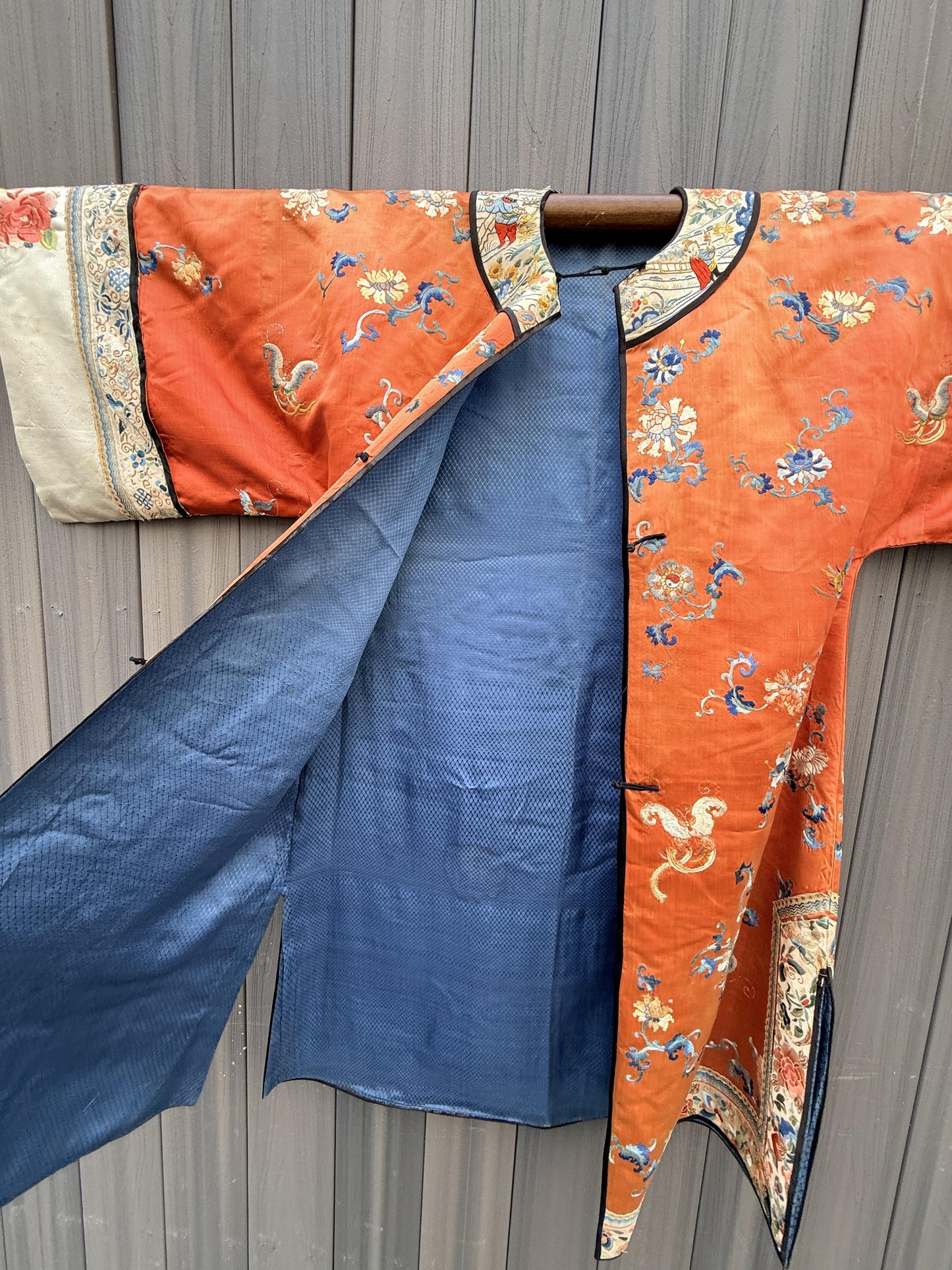 Antique Late Qing Dynasty Embroidered Silk Informal Robe - Coral Orange 1880s