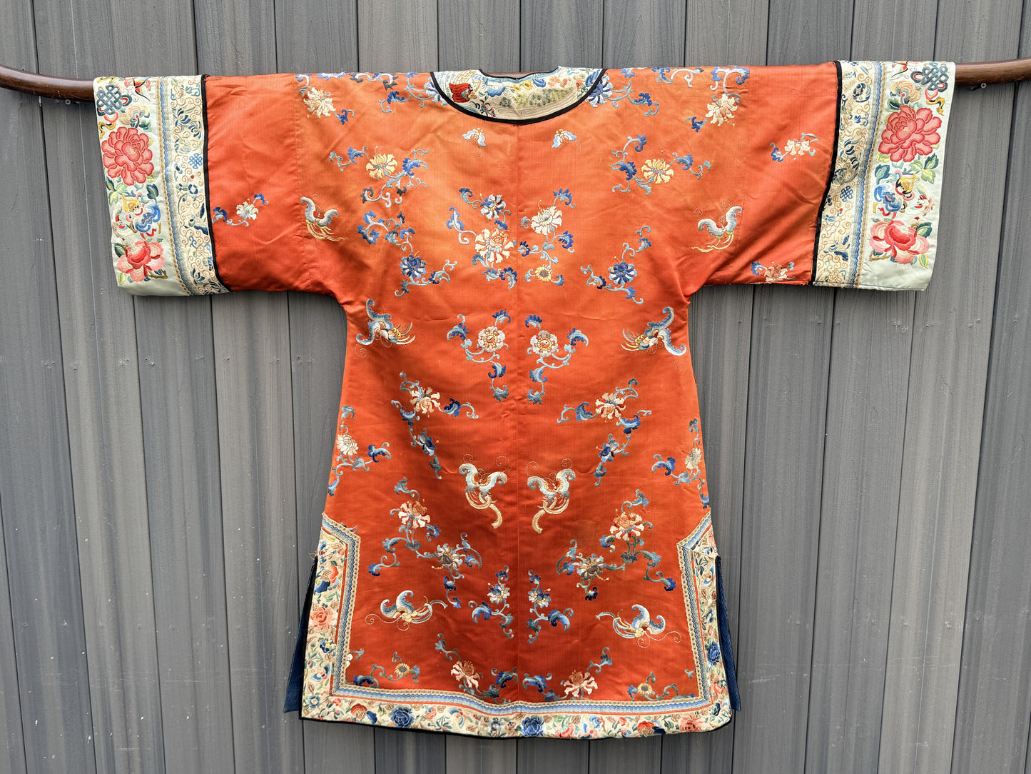 Antique Late Qing Dynasty Embroidered Silk Informal Robe - Coral Orange 1880s