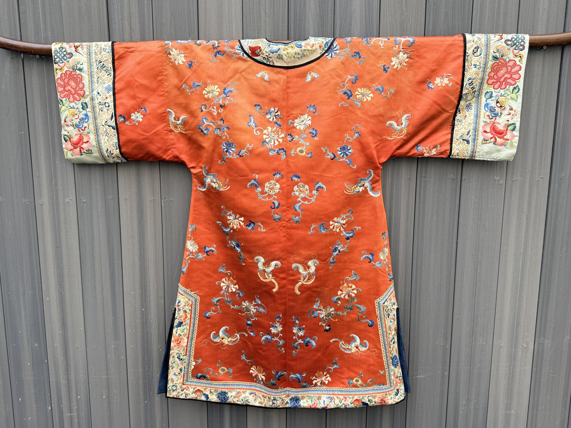 Antique Late Qing Dynasty Embroidered Silk Informal Robe - Coral Orange 1880s