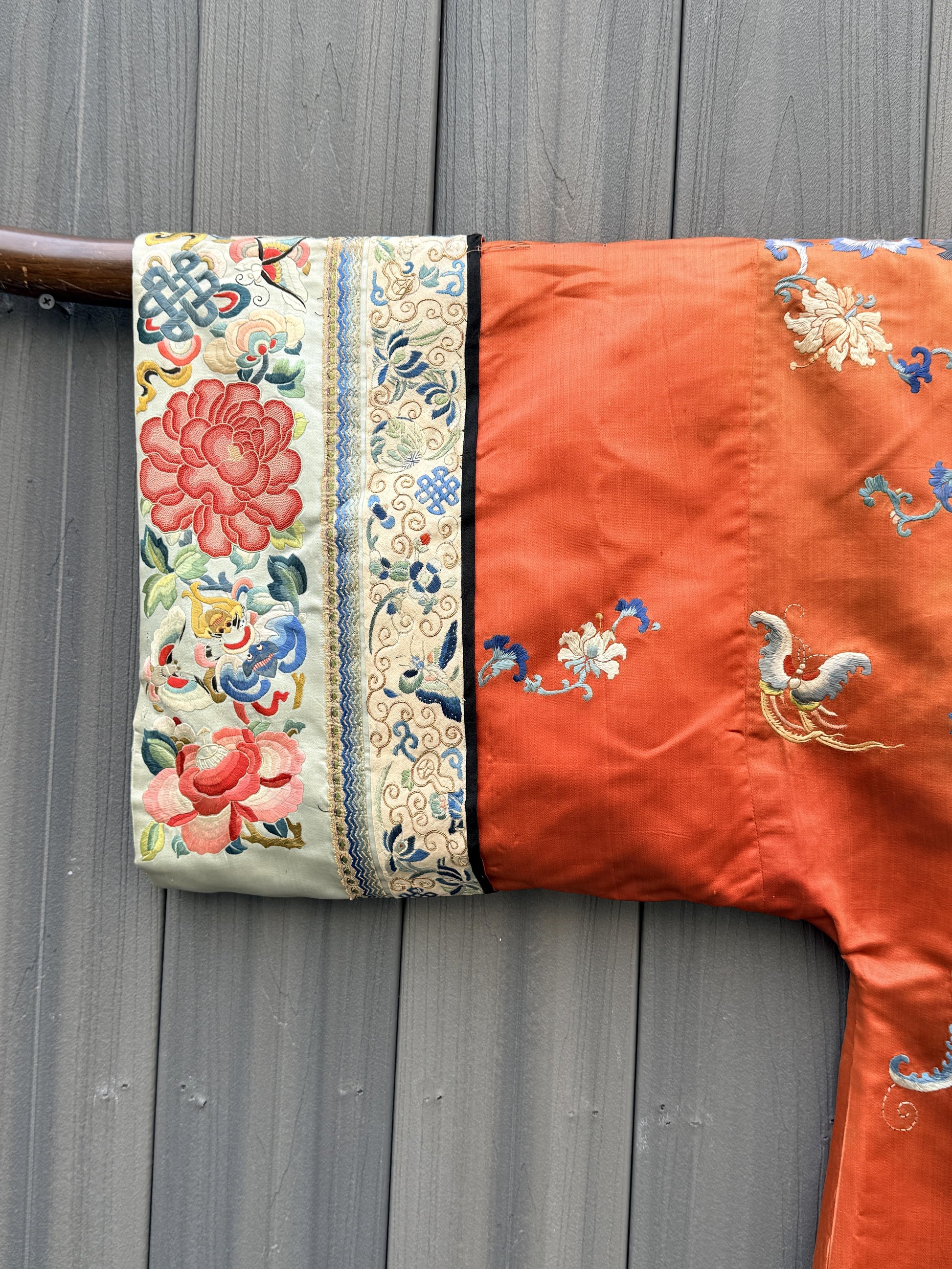 Antique Late Qing Dynasty Embroidered Silk Informal Robe - Coral Orange 1880s