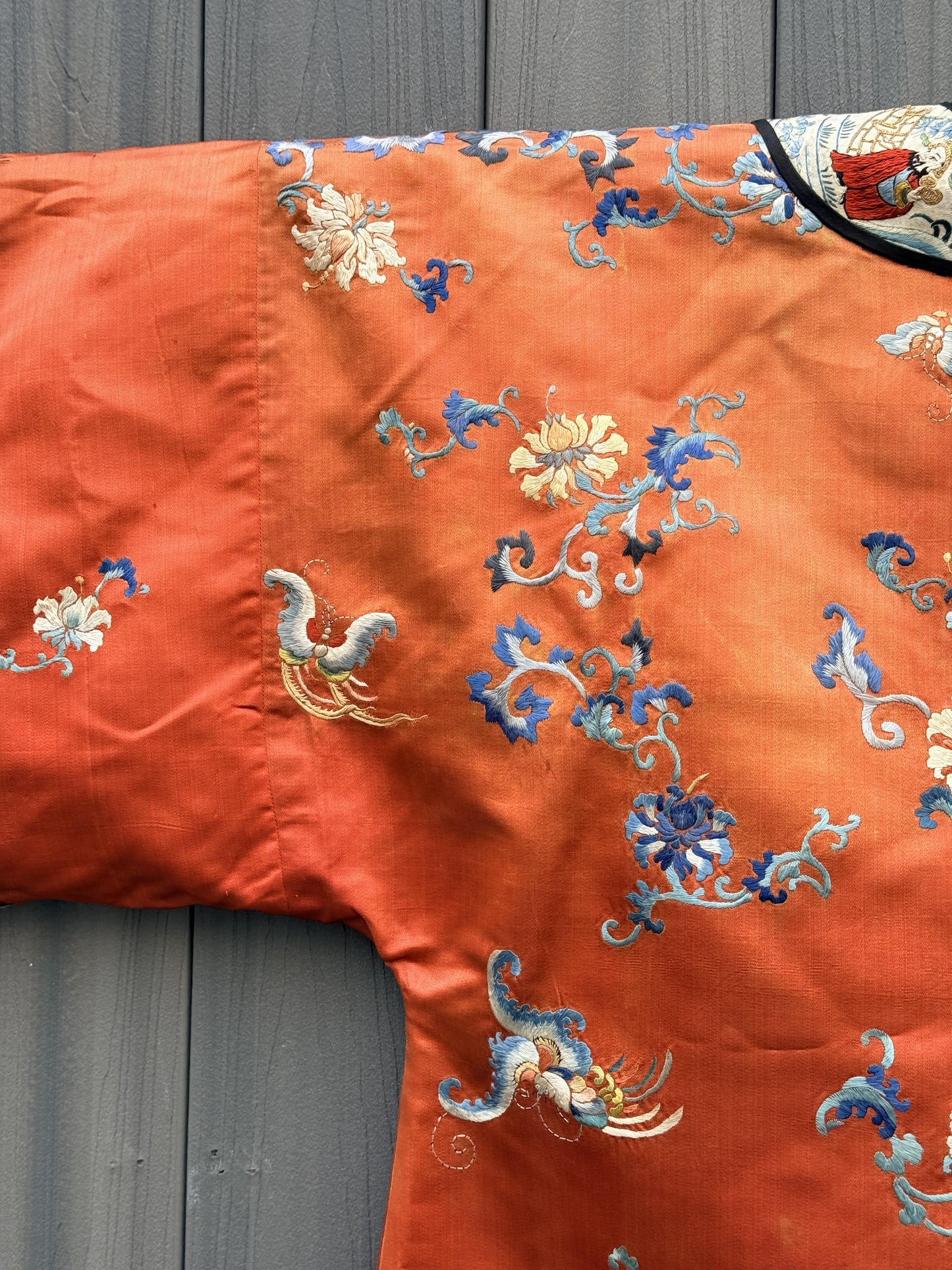 Antique Late Qing Dynasty Embroidered Silk Informal Robe - Coral Orange 1880s