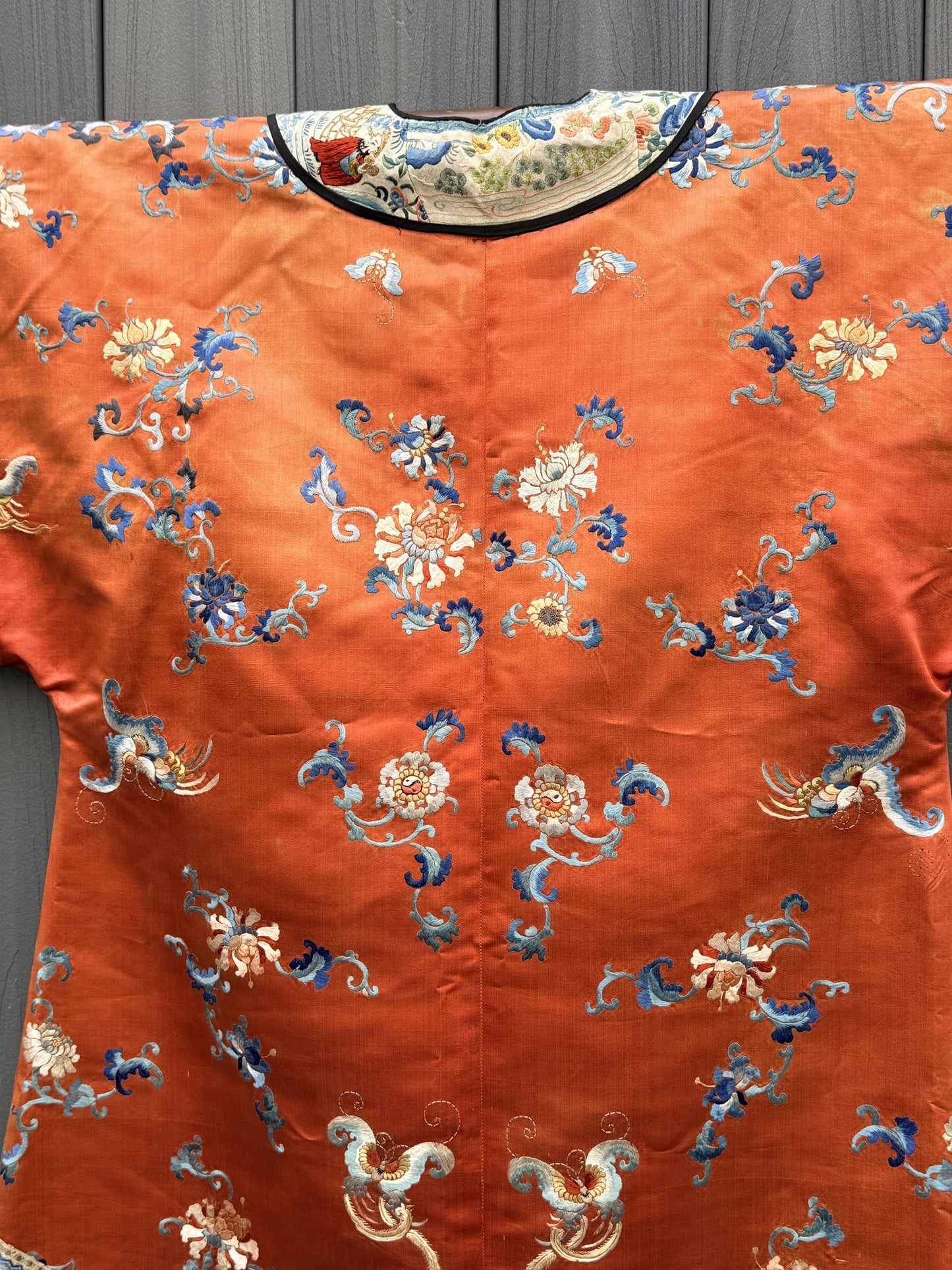 Antique Late Qing Dynasty Embroidered Silk Informal Robe - Coral Orange 1880s