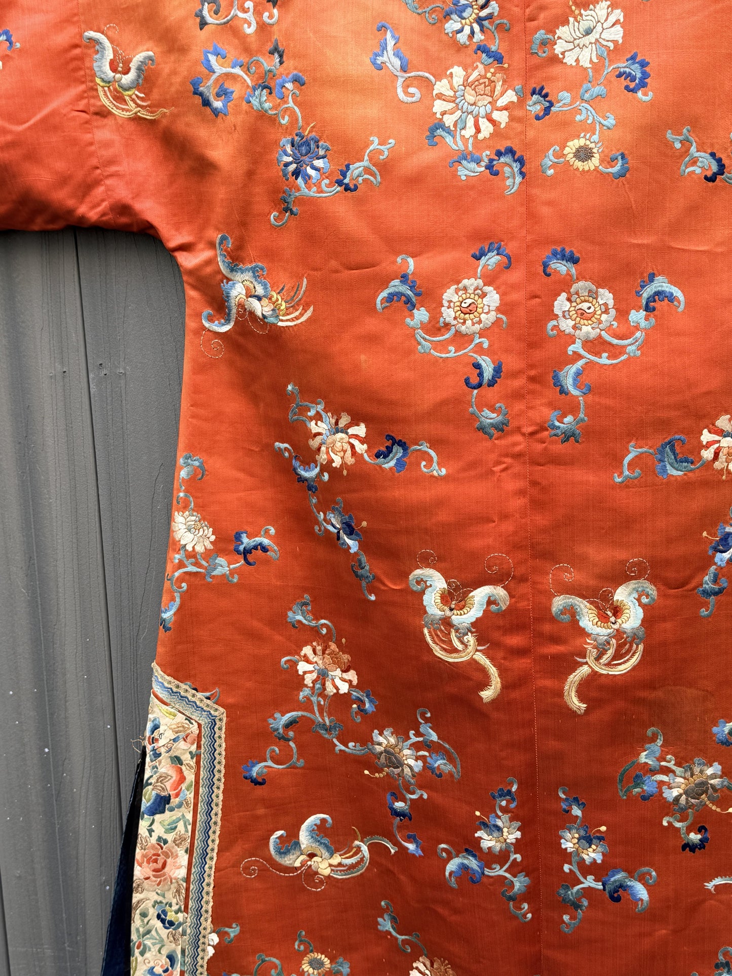 Antique Late Qing Dynasty Embroidered Silk Informal Robe - Coral Orange 1880s