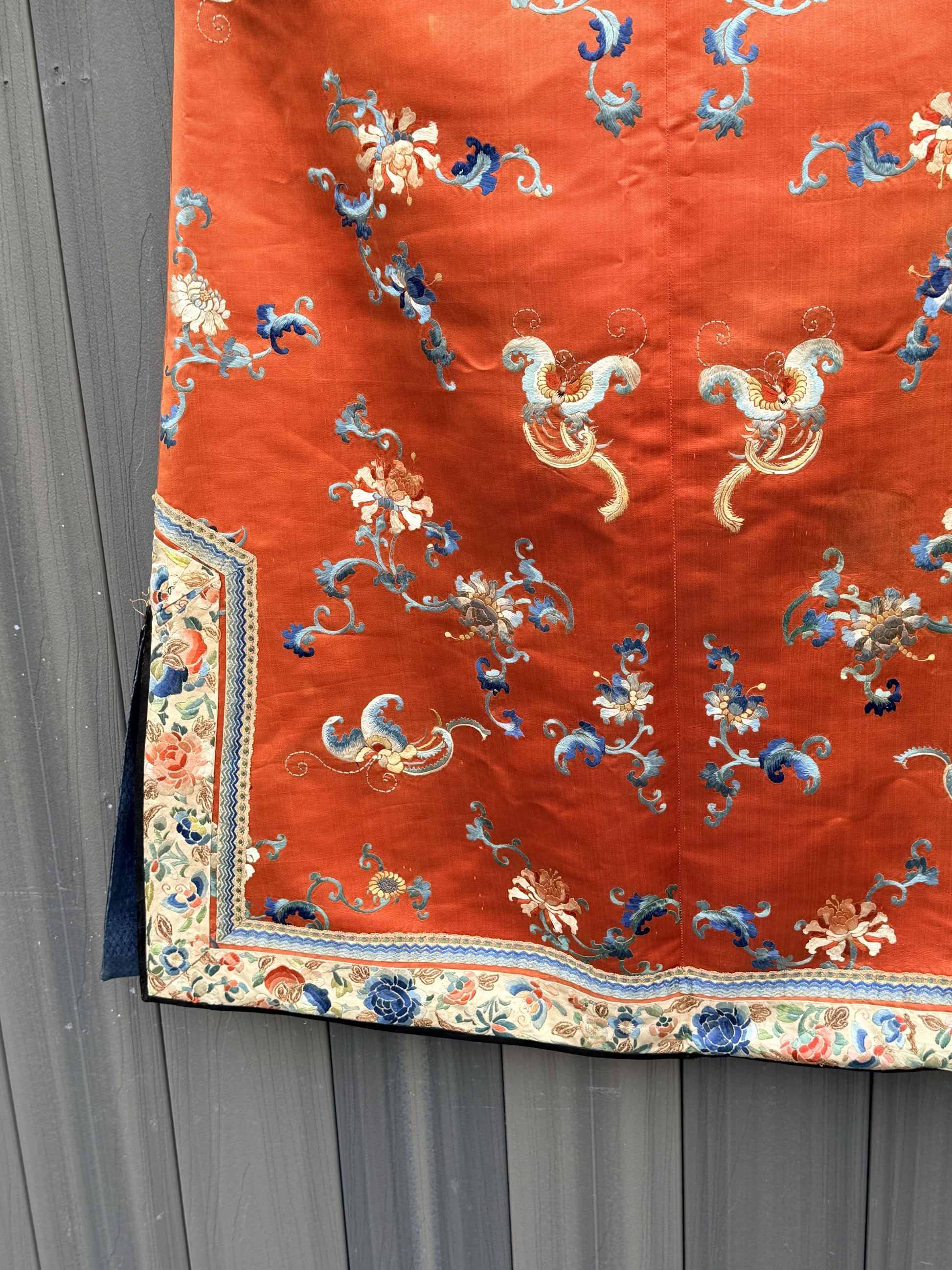 Antique Late Qing Dynasty Embroidered Silk Informal Robe - Coral Orange 1880s